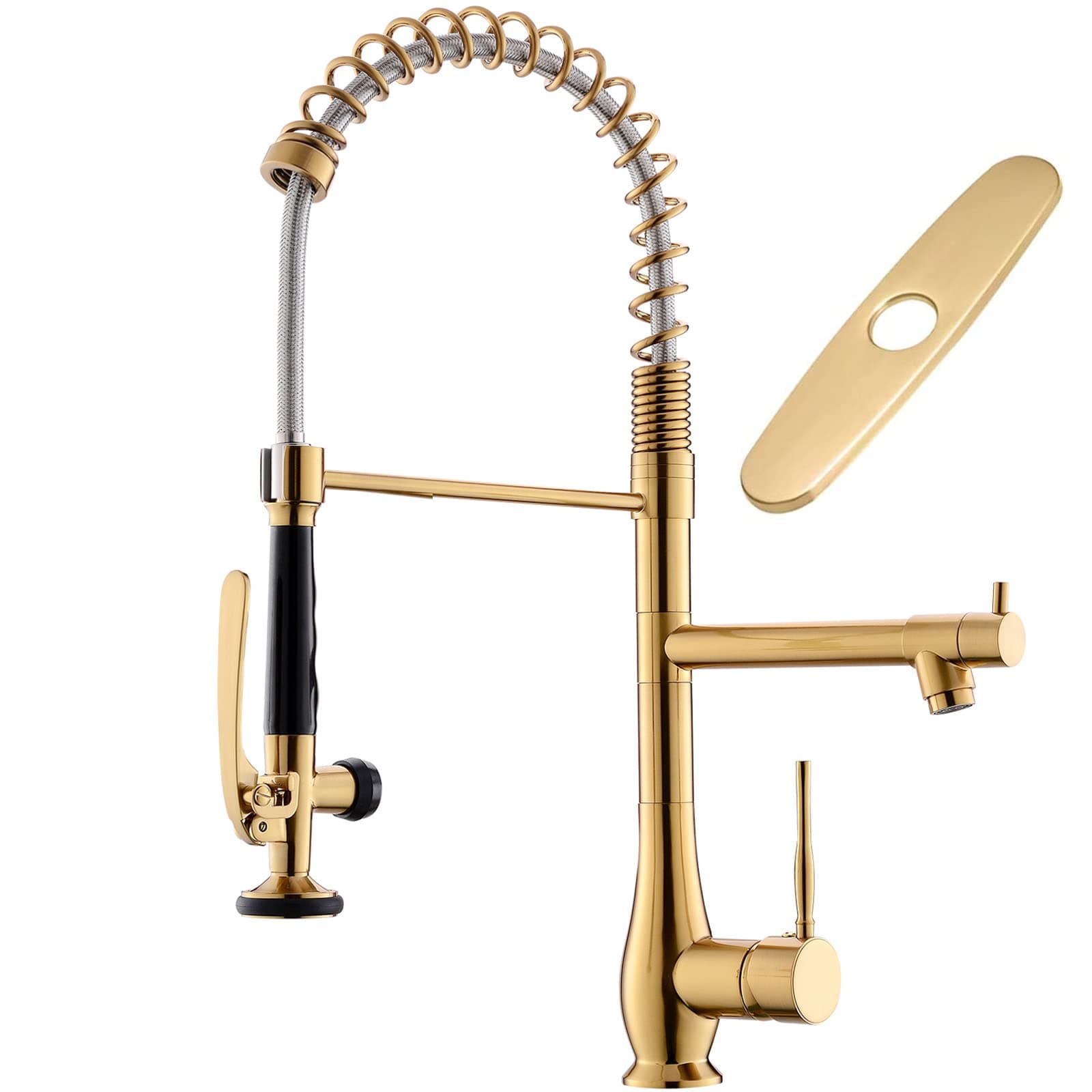 Brushed Gold Kitchen Faucet with Pull Down Sprayer Single Handle High Pressure Brass Kitchen Sink Faucet Commercial Double-Headed Kitchen Faucets Sink with Deck Plate