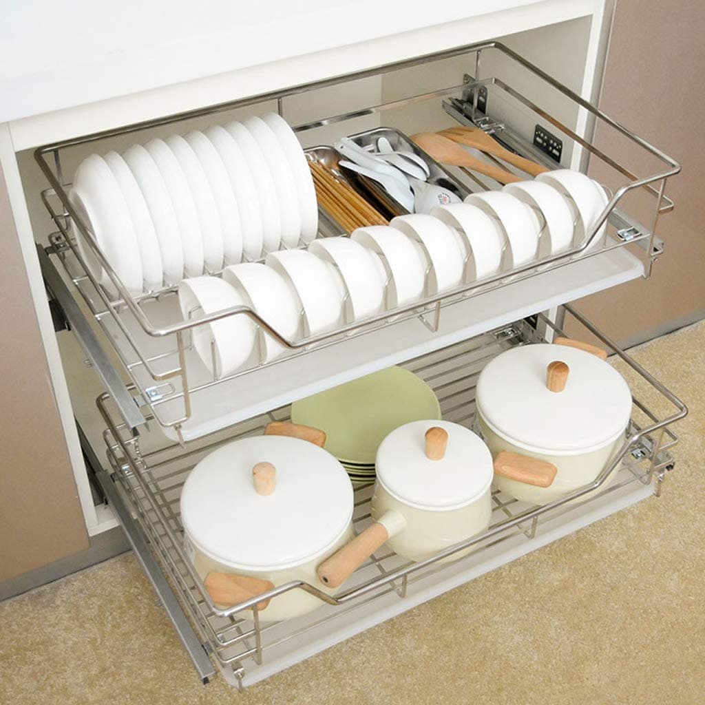 Kitchen Pull-Out Basket 304 Stainless Steel 2 Layer Household Thickening Reinforced Flat Steel Wire Basket with Drain Pan, with Damping Rail