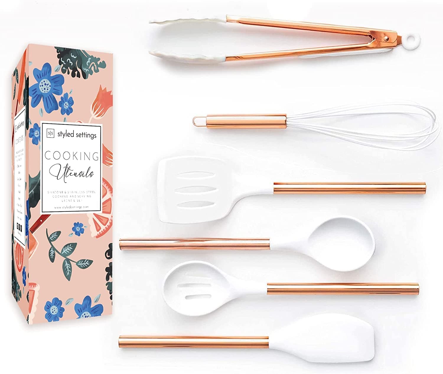 STYLED SETTINGSWhite Silicone and Copper Kitchen Utensils Set - 6-Piece Rose Gold Cooking Tools for Nonstick Cookware - Stylish Copper Kitchen Accessories and Modern Decor