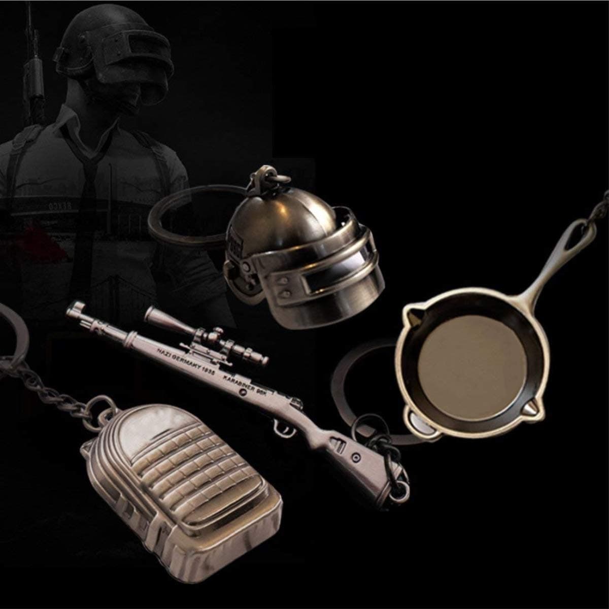 IMIKE 4 Pcs Metal Keychains Level 3 Helmet Kar98K Backpack Frying Pan Key Ring Gifts