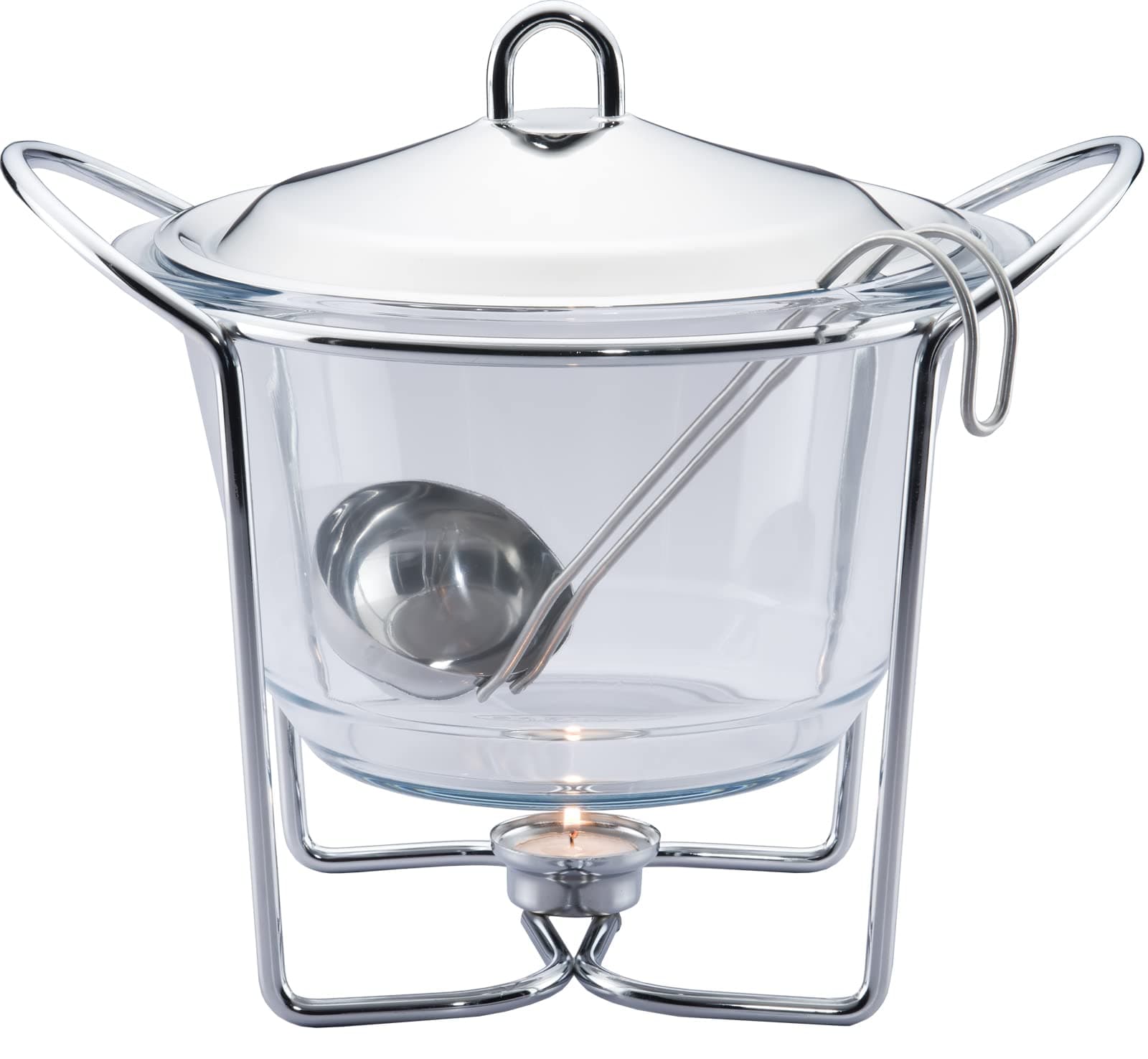 4 Quart Soup Warmer | Soup Tureen for Parties Buffet, Stainless Steel Soup Chafer with Glass Serving Dish and Ladle