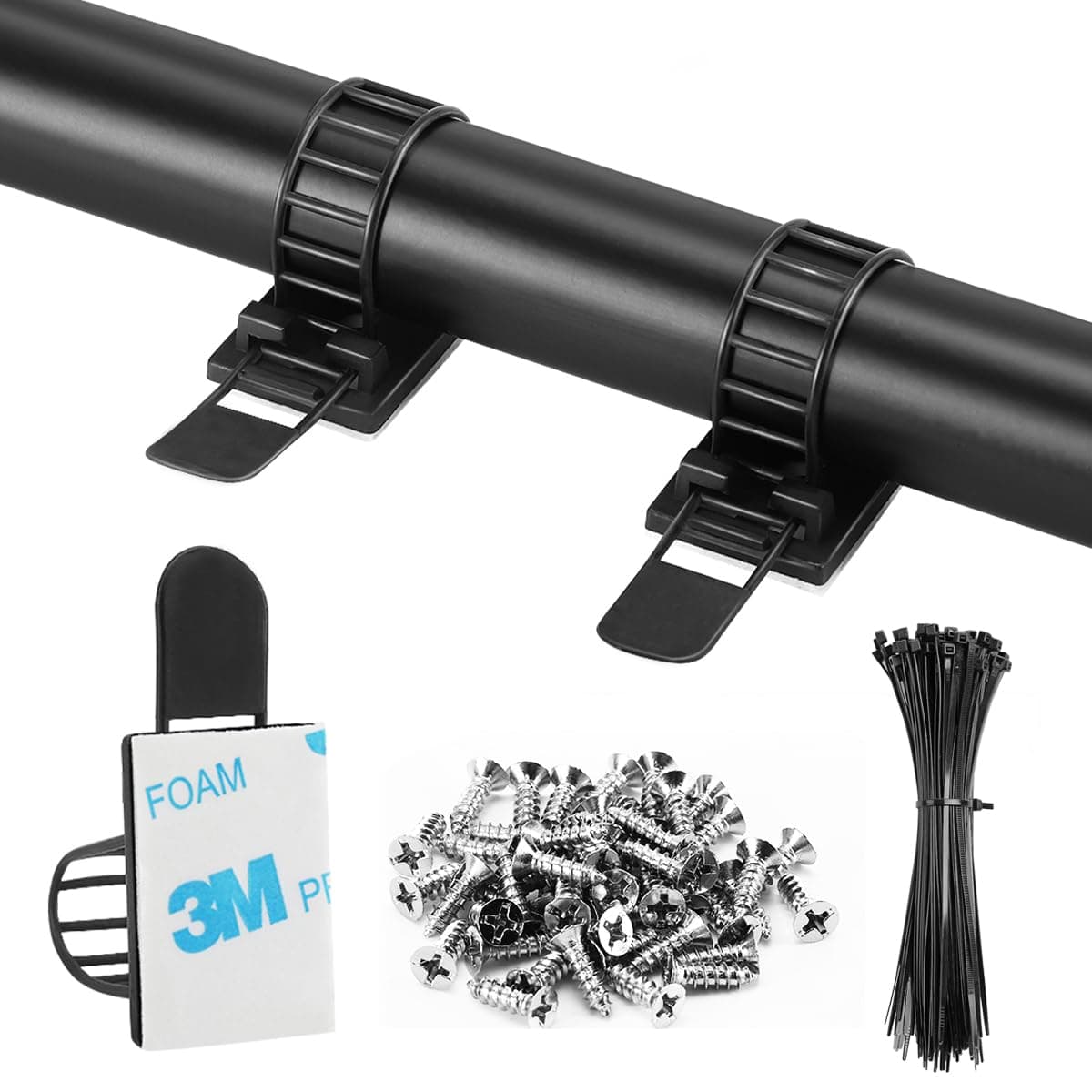 50Pcs Adhesive Cable Management Clips with 50Pcs Zip Ties, Adjustable Nylon Cable Strap Ties Wire Clips Clamps Organizer with Strong Adhesive Tape, Extra Screw & Hole - 3.35 Inch Black