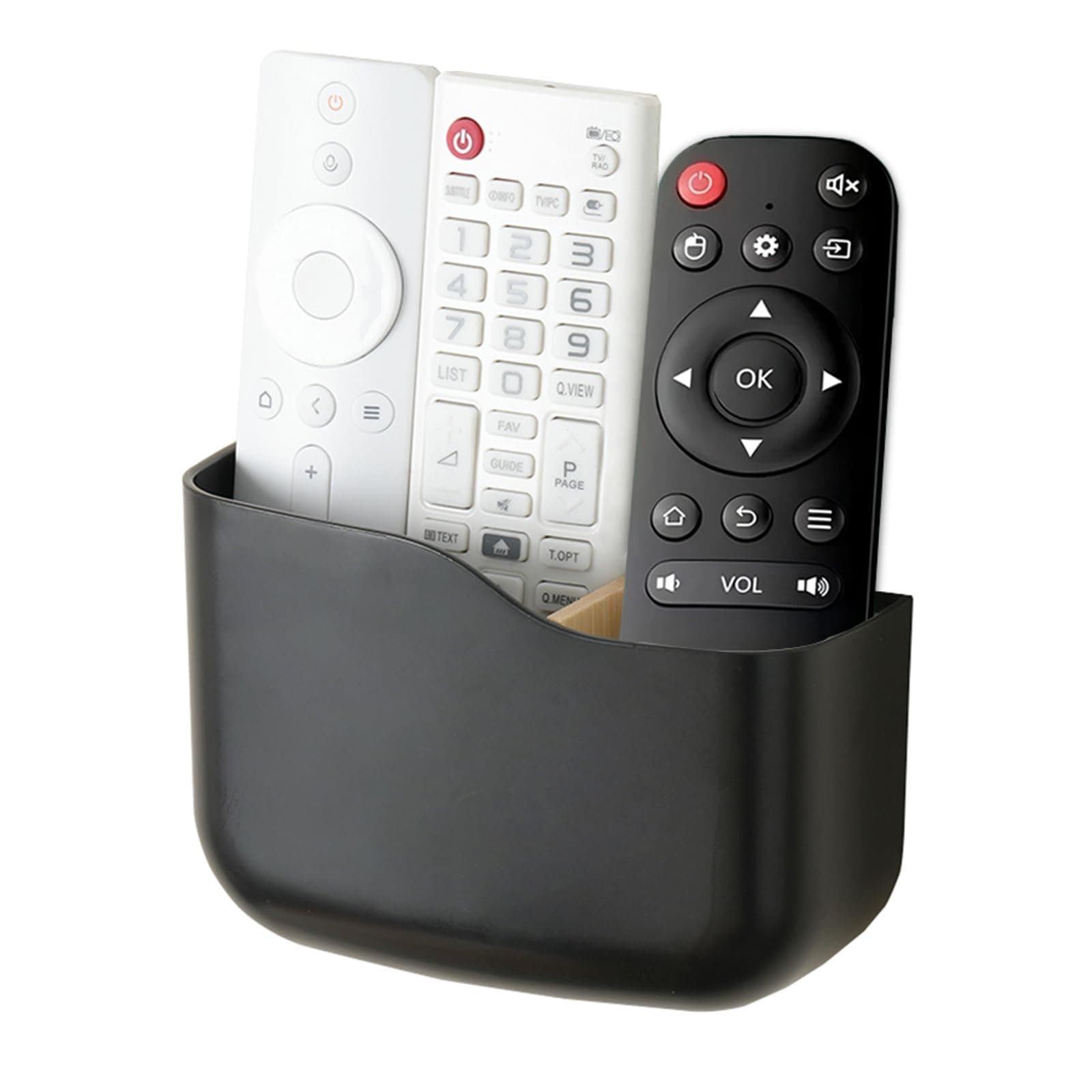 SUNFICON Adhesive Remote Control Holder Wall Mount Media Player Controller Holder Universal TV Remote Organizer Caddy Box Tray Hollow Bottom Slot Easy Phone Charging Home Office Desk Nightstand Black