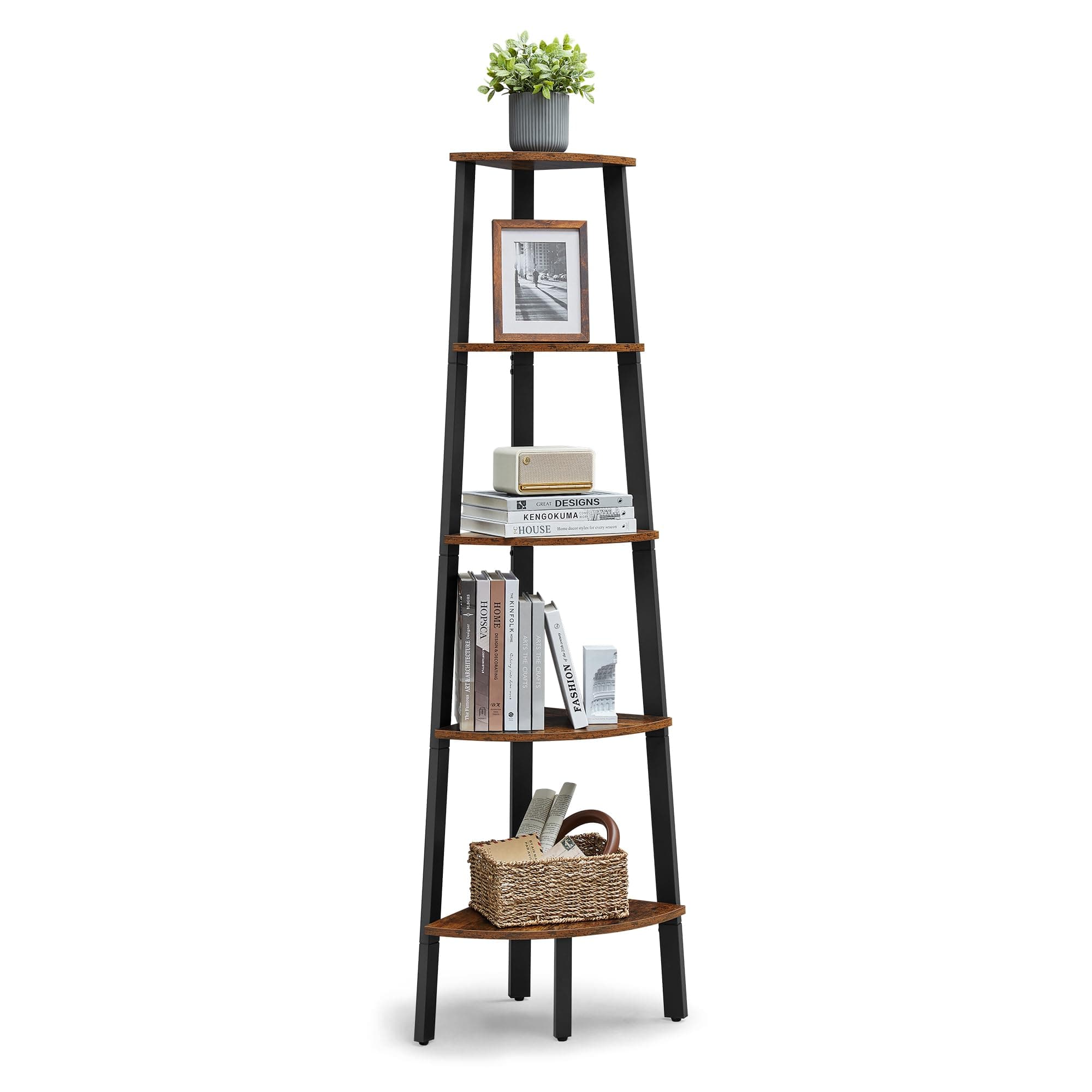 VASAGLE Corner Bookcase 5 Tier Shelf Ladder Shelf Storage Unit Plant Holder for Living Room Industrial Style with Steel Frame, Rustic Brown and Black LLS35X