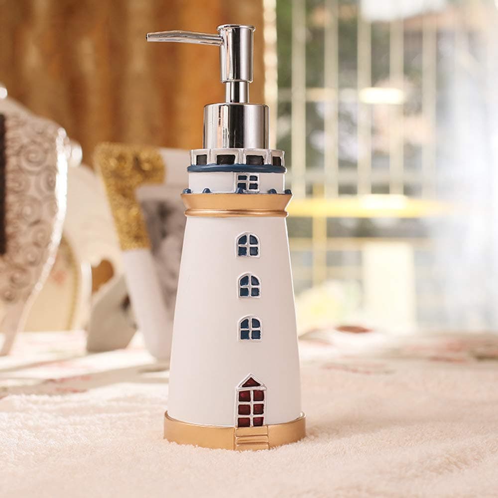 DALAZ Mediterranean Style Cute Lighthouse Decorative Bathroom Accessory Set Liquid Soap Lotion Pump Dispenser Resin White