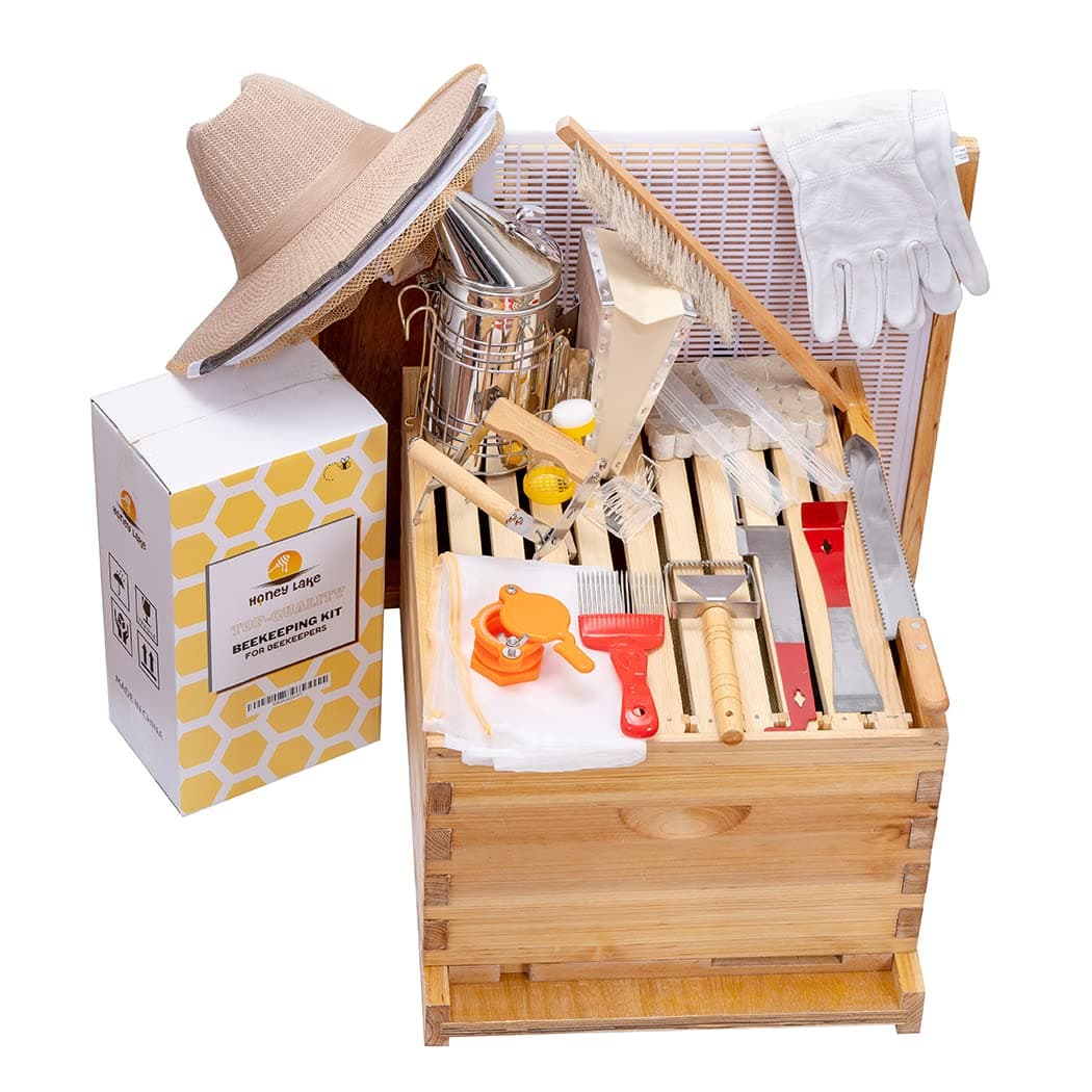 8 Frame Beehive Starter Kit – Beeswax-Coated Deep Box with Frames, Beekeeping Tools Kit Includes Bee Smoker & Protective Veil Hat