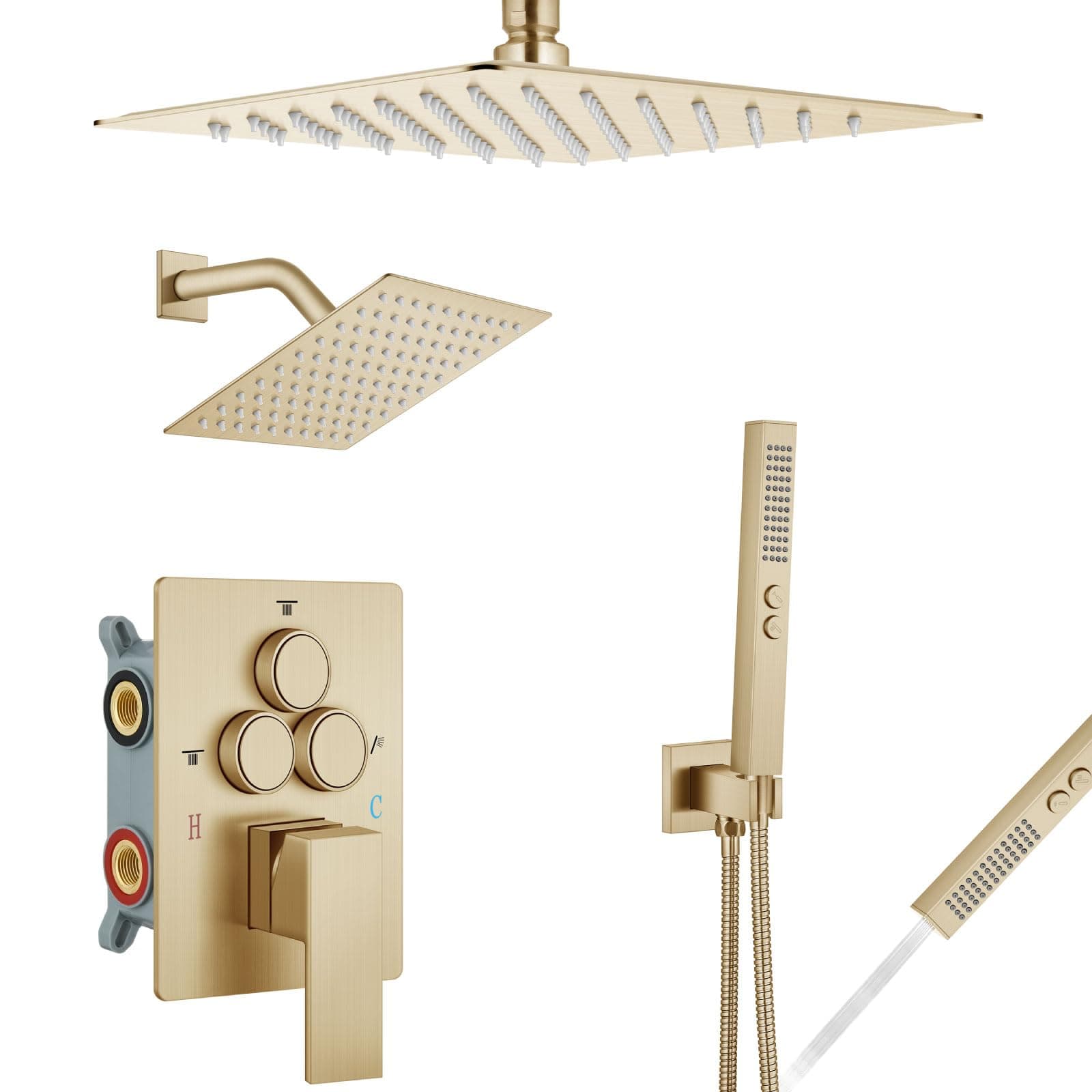 Aolemi Shower Fitting Set Ceiling Mount Push Button Diverter Shower System 10 Inch and 6 Inch Dual Shower Head 2 in 1 Hand Shower Rough-in Valve and Shower Trim Kit Brushed Gold