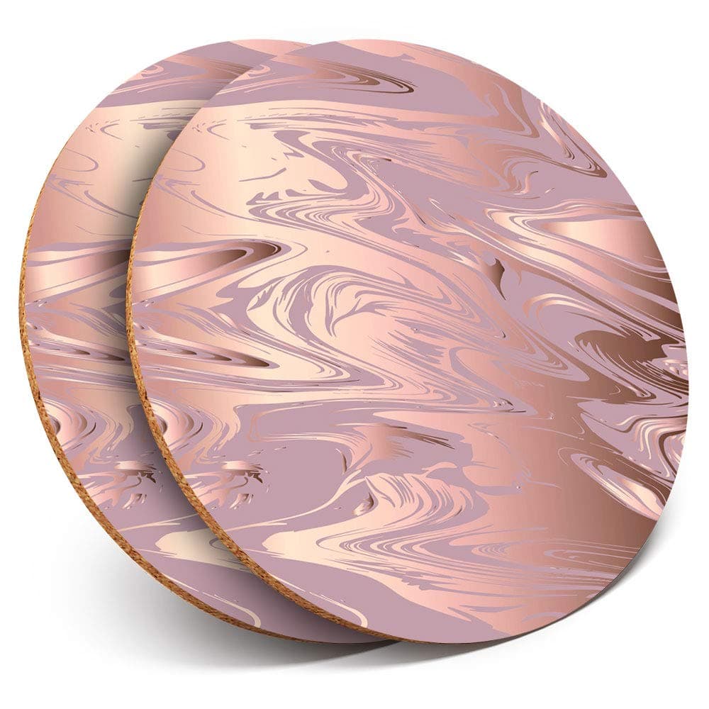 2 x Round Coasters - Rose Gold Marble Pattern Pretty - Cork Backed Home Kitchen Accessory Tea Coffee Mug Mat #24125