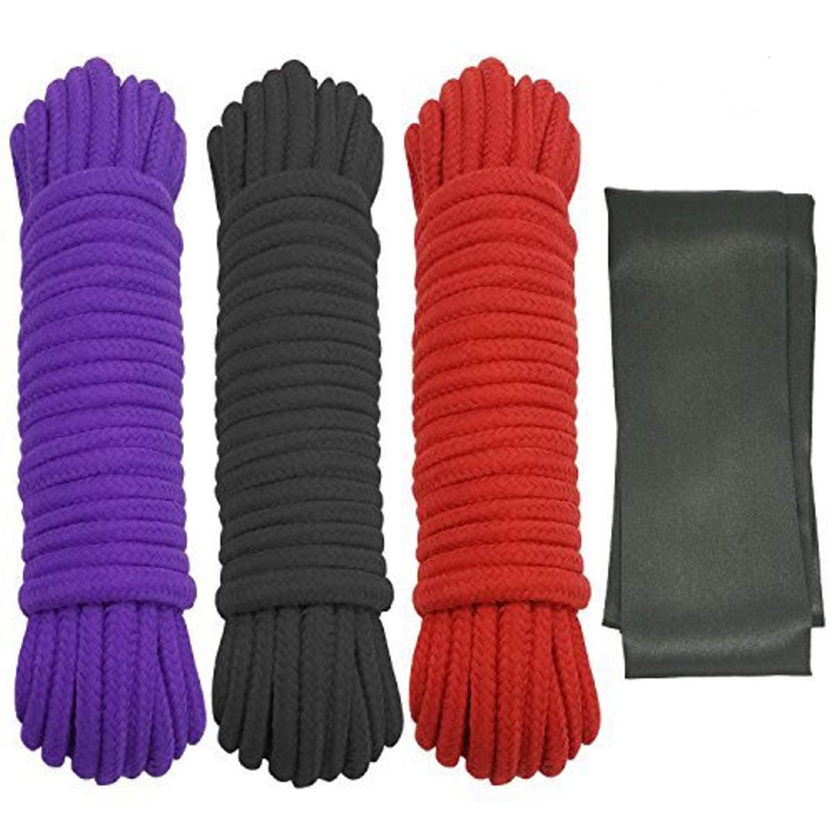 Soft Twisted Cotton Rope- 3 Pack 32 Feet Multi-Purpose Rope with Silk Eye Mask Blindfold (Black Red Purple)