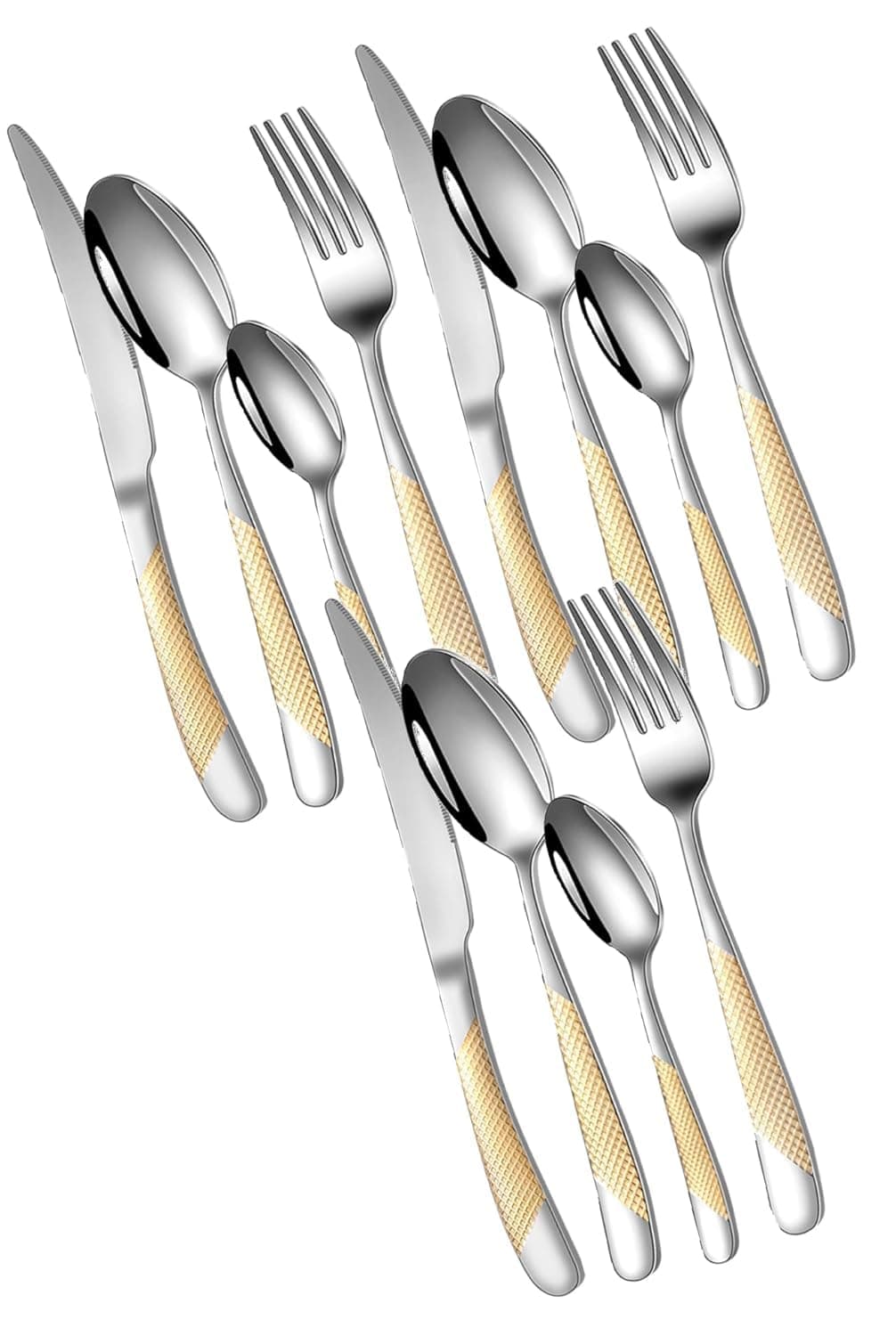 Mirror Finish Gold Plated Stainless Steel Flatware Set - Copper Silverware Rose Gold Cutlery [Dinner Fork, Tea Spoon, Salad Spoon, Knife] (Golden DOT, 12)