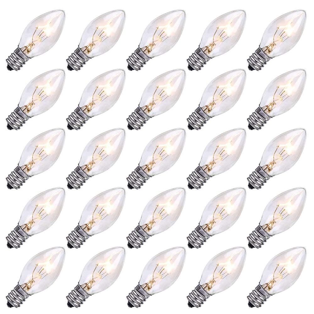 25pcs C7 Light Bulbs, Clear Transparent Replacement Christmas E12 Base Bulbs