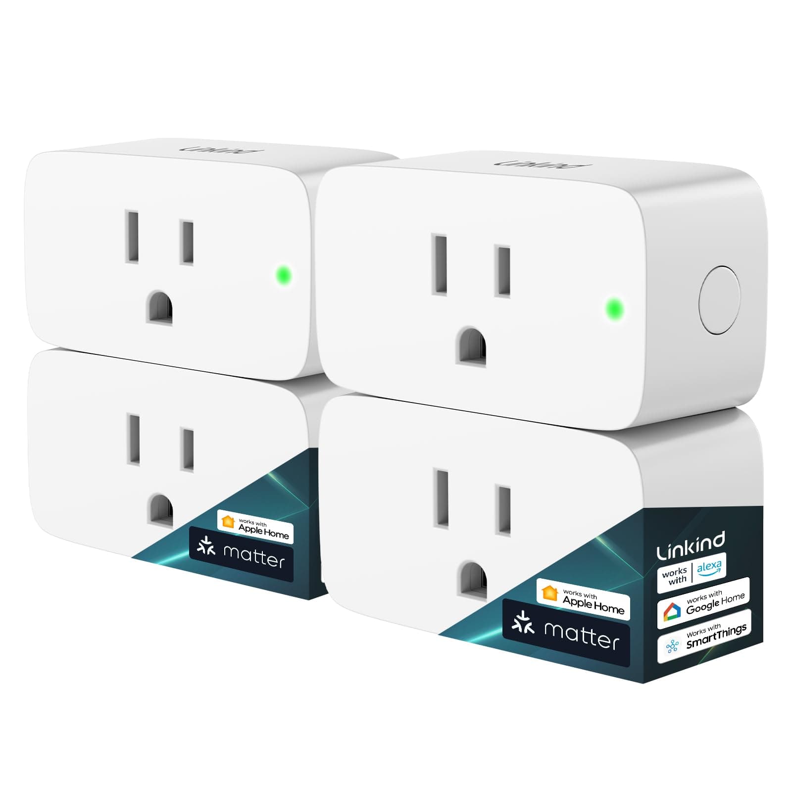 Linkind Matter Smart Plug, Work with Apple Home, Siri, Alexa, Google, SmartThings, Smart Home Smart Outlet Timer 15A/1800W, APP Remote Control & Schedule, 2.4G Wi-Fi Only, 4 Pack
