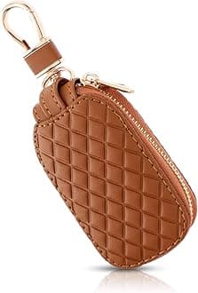 Genuine Leather Car Key Case Holder, Universal Auto Key Fob Cover Case Anti Scratch Car Key Protectors Waterproof Vehicle Keyring Zipper Bag with Keychain & Carabiner Car Accessories