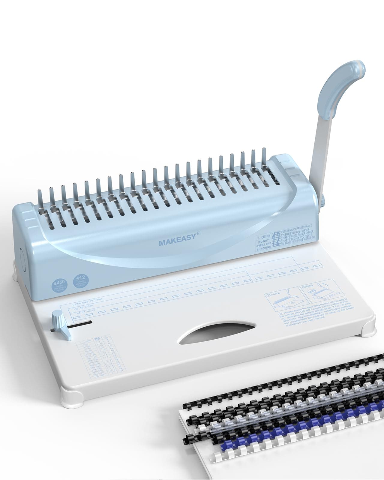 MAKEASY Binding Machine, 21-Hole, 450 Sheets, Comb Binding Machines with 1 Box Comb Bindings Spines, Comb Binder for Letter Size, A4, A5 Paper