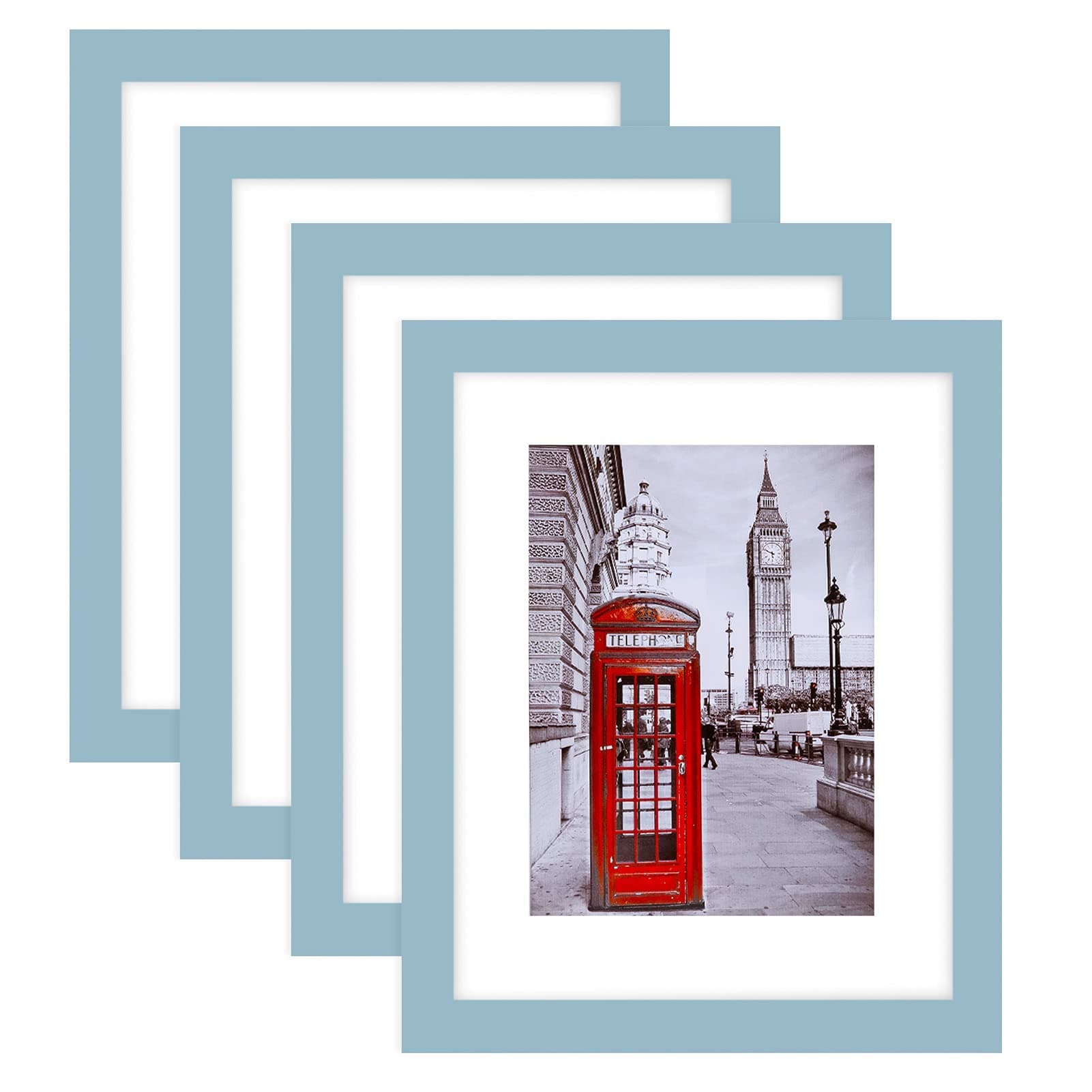 eletecpro 8x10 Picture Frame 4 Pack with Mats, Made of Solid Wood and Heat Strengthened Glass, Display 4x6 or 5x7 with Mat or 8x10 without Mat, Home Decor for Wall or Tabletop Display, Blue