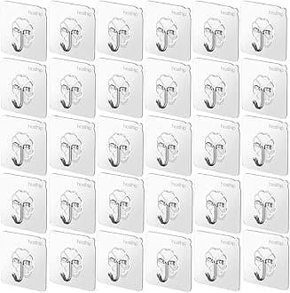 HASTHIP® 30 Pack Wall Hooks Strong Acrylic Backing Glue Walls Hook Self-Adhesive Wall Hooks for Bathroom, Kitchen Waterproof Ultra Adhesive Walls Hook (Clear)