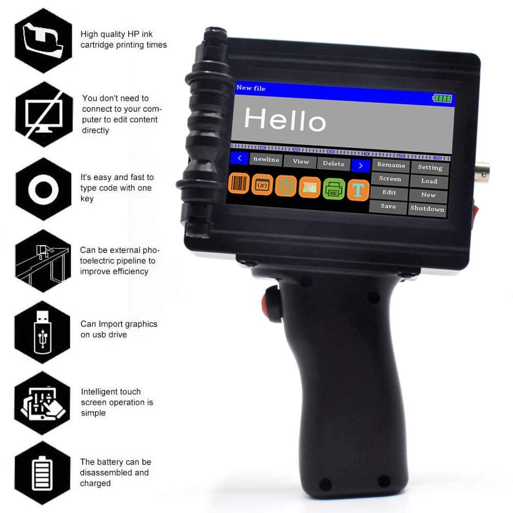 Upgraded Handheld Inkjet Printer Intelligent 600DPI Jet Printer Portable Inkjet Coding Machine Date Coder with Touch Screen 360 Degree Batch Number Logo QR Code Label Printer，US Stock