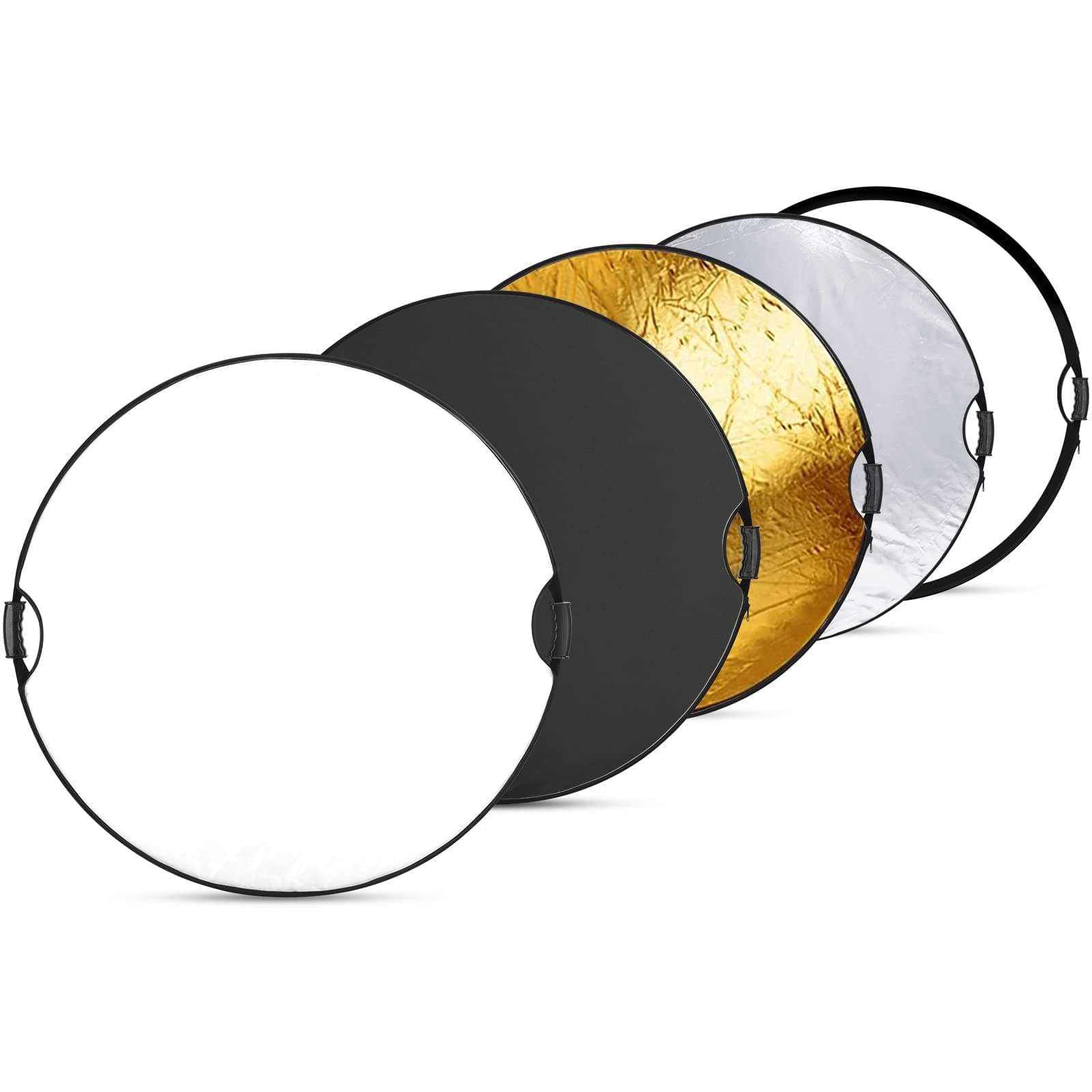 43"/110cm Light Reflector with Handle Grip with 3/8" Thread, 5 in 1 Collapsible Disc Light Diffuser Translucent/Silver/Gold/White/Black for Photography Lighting, Outdoor Lighting, RF-110II
