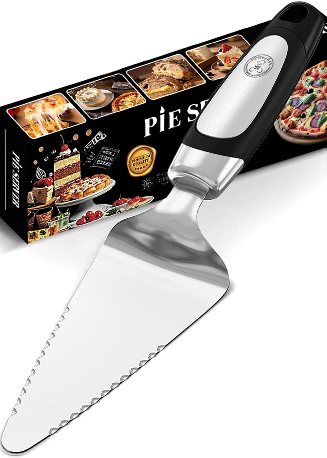Starchef Cake Pizza Pie Server, Cutter,Slicer Divider,Cutting Spatula,Turner,Double-Blades Design,Soft Grip,Stainless Steel, Silver/Black(25cm/10”)