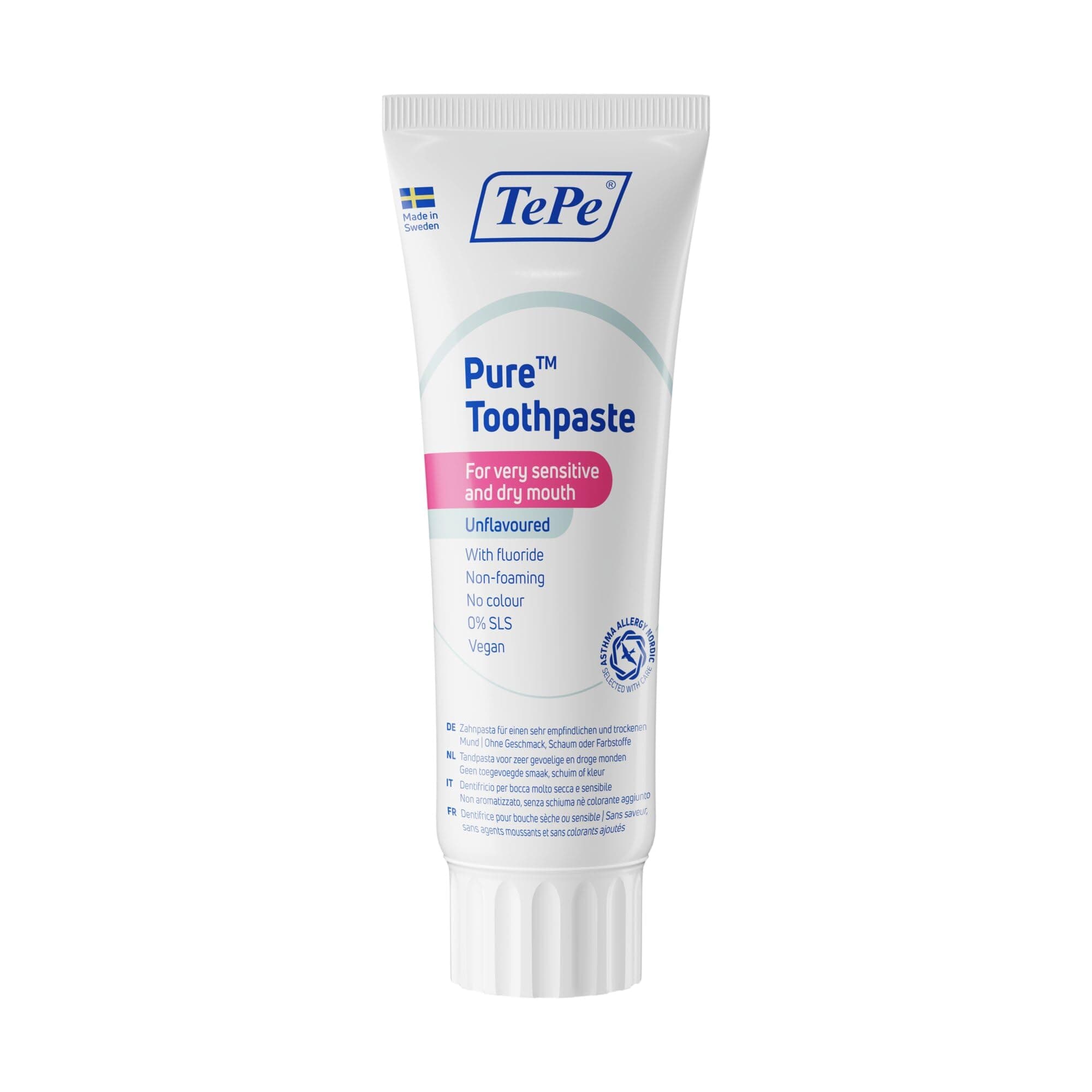 TePe Pure Toothpaste, unflavoured, Very Gentle Everyday Fluoride Toothpaste for Very Sensitive Gums and Dry Mouth, Age-Appropriate Fluoride Level
