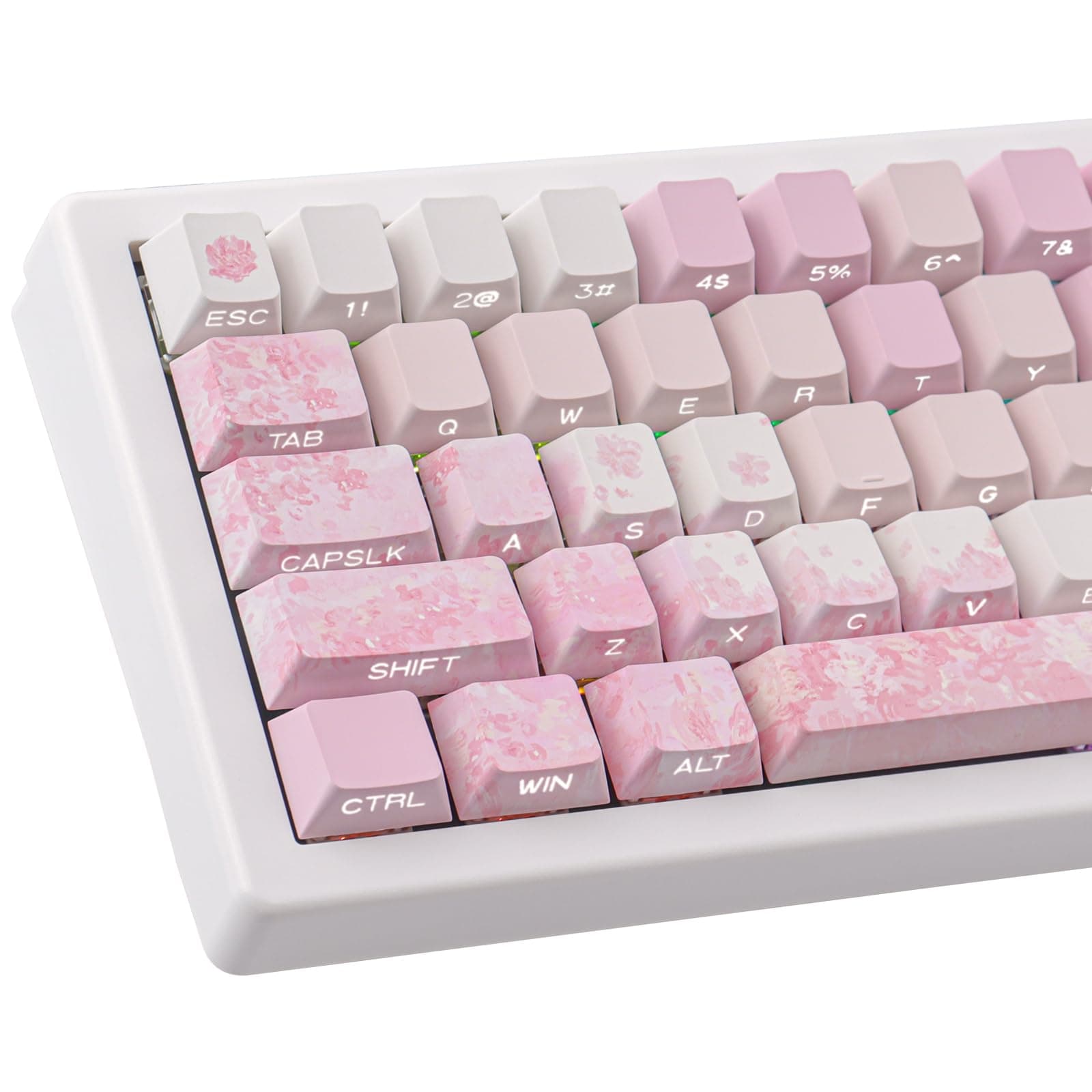 Tsungup Keycaps Cherry Blossom Tie-Dye Keycap Set - Custom Side Print PBT Pink Keycaps,131 Keys Gradient DoubleShot Sakura Key caps Cherry Profile Keyboard Key caps for Mechanical Keyboards