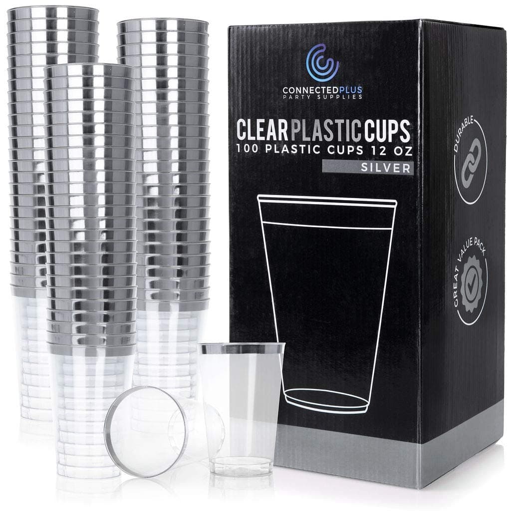 ConnectedPlus 12 oz Silver Rimmed Plastic Cups: 100 Elegant Silver Trim Disposable Wine or Cocktail Party Glasses for a Wedding or Holiday Parties - Clear Plastic Cup with Fancy Trim