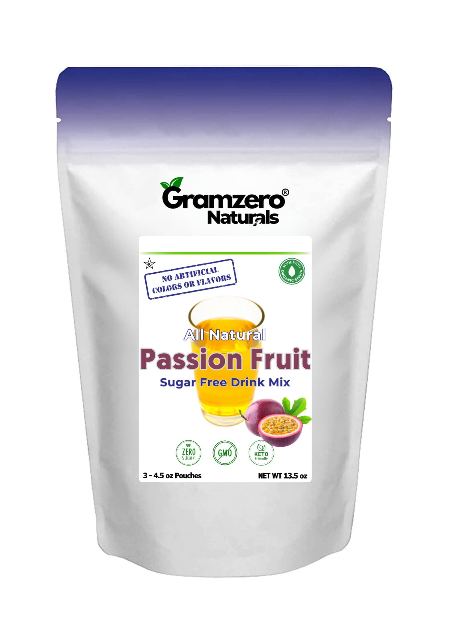 GramZero All Natural Passion Fruit Zero Calorie Sugar Free Drink Mix, Great For Nutrition Club Loaded Tea, Stevia Sweetened
