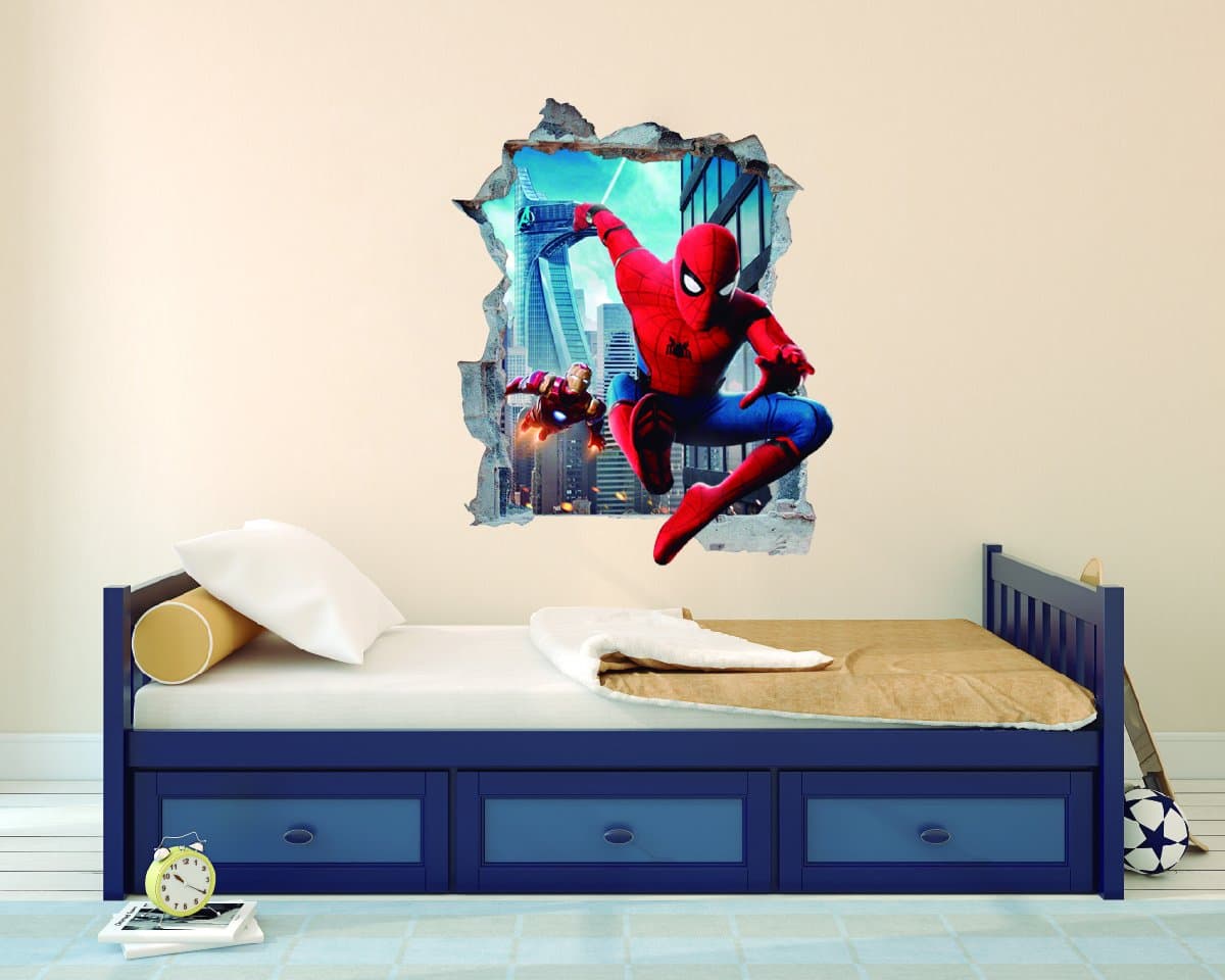 Iron Man And Spiderman Superheros 3D Effect - Brake Wall Effect 3D - Wall Decal For Room Boys Girls Unisex (Wide 22"x27" Height)