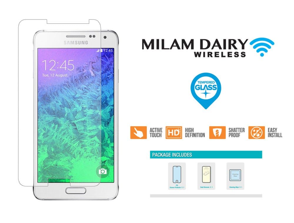 Samsung Galaxy Alpha Tempered Glass Screen Protector with Install Kit, Milam Dairy Wireless® Galaxy Alpha Glass Screen Protector - Real 9H Tempered Glass with Oleophobic nano coating, 99% Touch-screen Accurate, Round Edge [0.3mm] Ultra-clear Glass Screen Protector Perfect Fit for Samsung Galaxy Alpha Maximum Screen Protection from Bumps, Drops, Scrapes, and Marks. Compatible with Alpha SM-G850F, SM-G850T, SM-G850M, SM-G850FY, SM-G850FQ