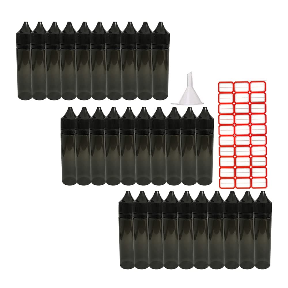 Squeezable 60ml Empty Drop Bottle Food Grade PET Transparent Black Plastic Bottle with Childproof Tampering Black Cap with Funnel Sticker Labels (30 Pack)