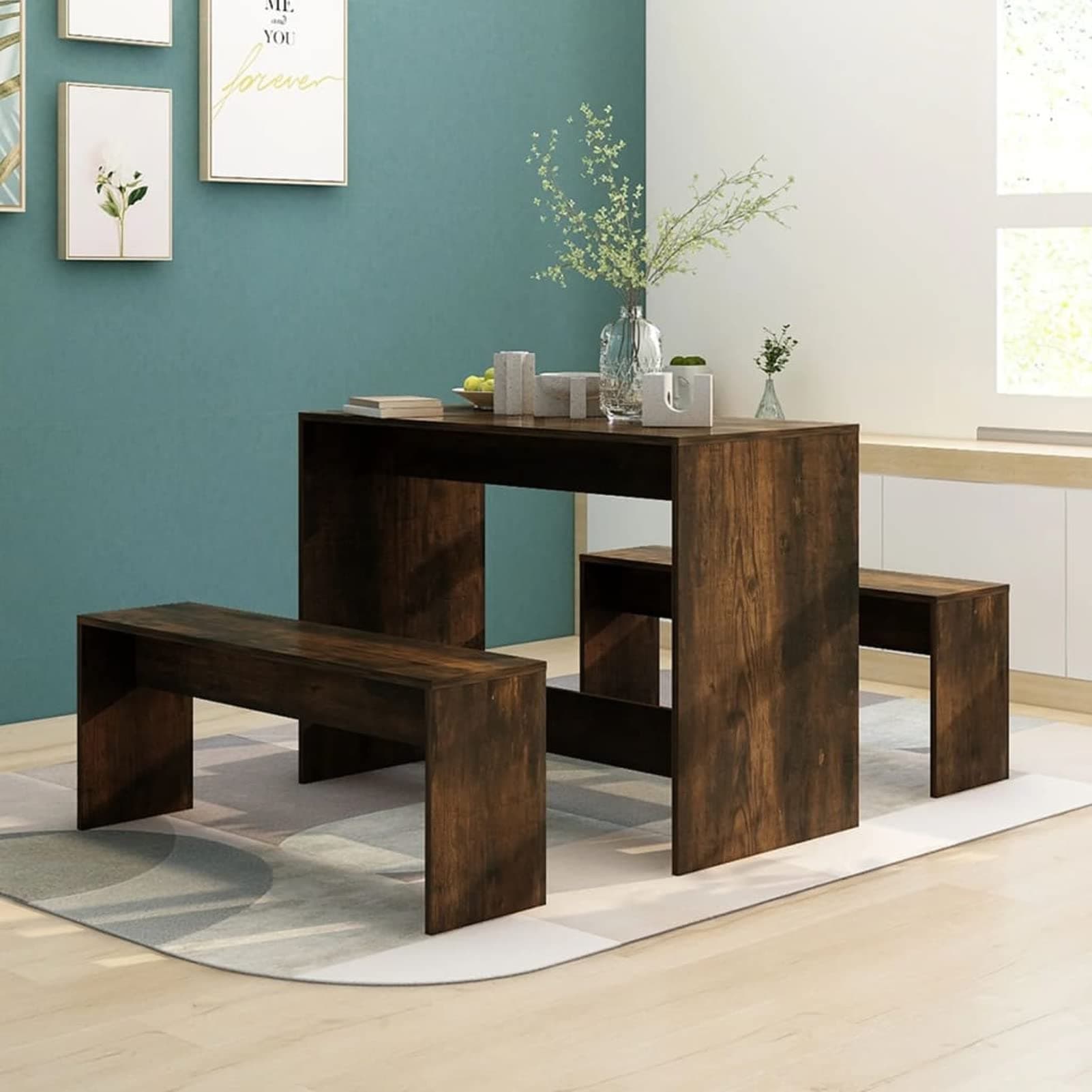 JUNZAI 3 Piece Dining Set Smoked Oak Engineered Wood,Patio Table And Chairs,Dining Table Set,Breakfast Nook Table Set