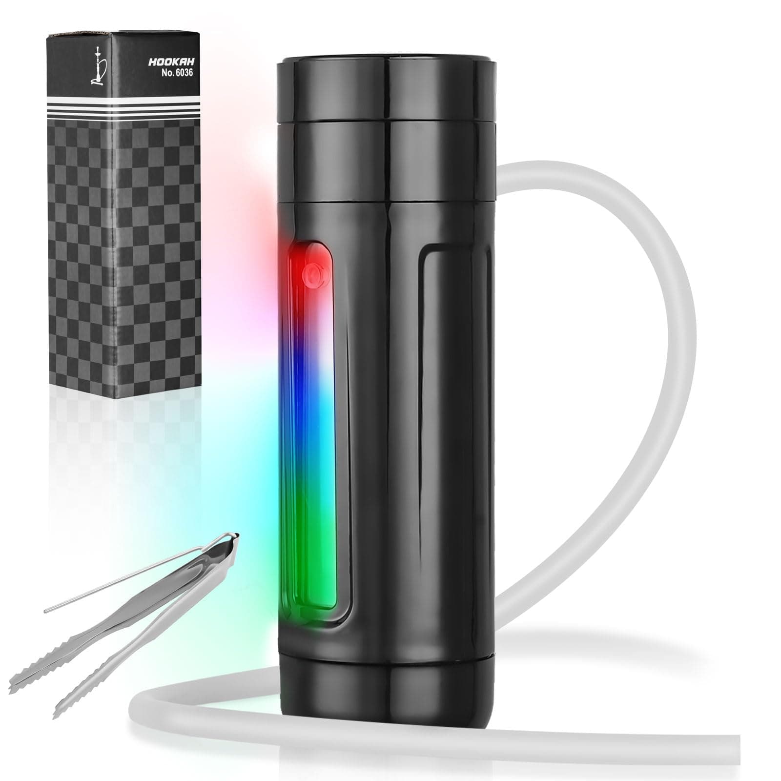 Portable Mini Hookah Cup Set With LED Light, Silicone Hose Pipe, Charcoal Holder, Tong - Best Shisha Gift (Black)