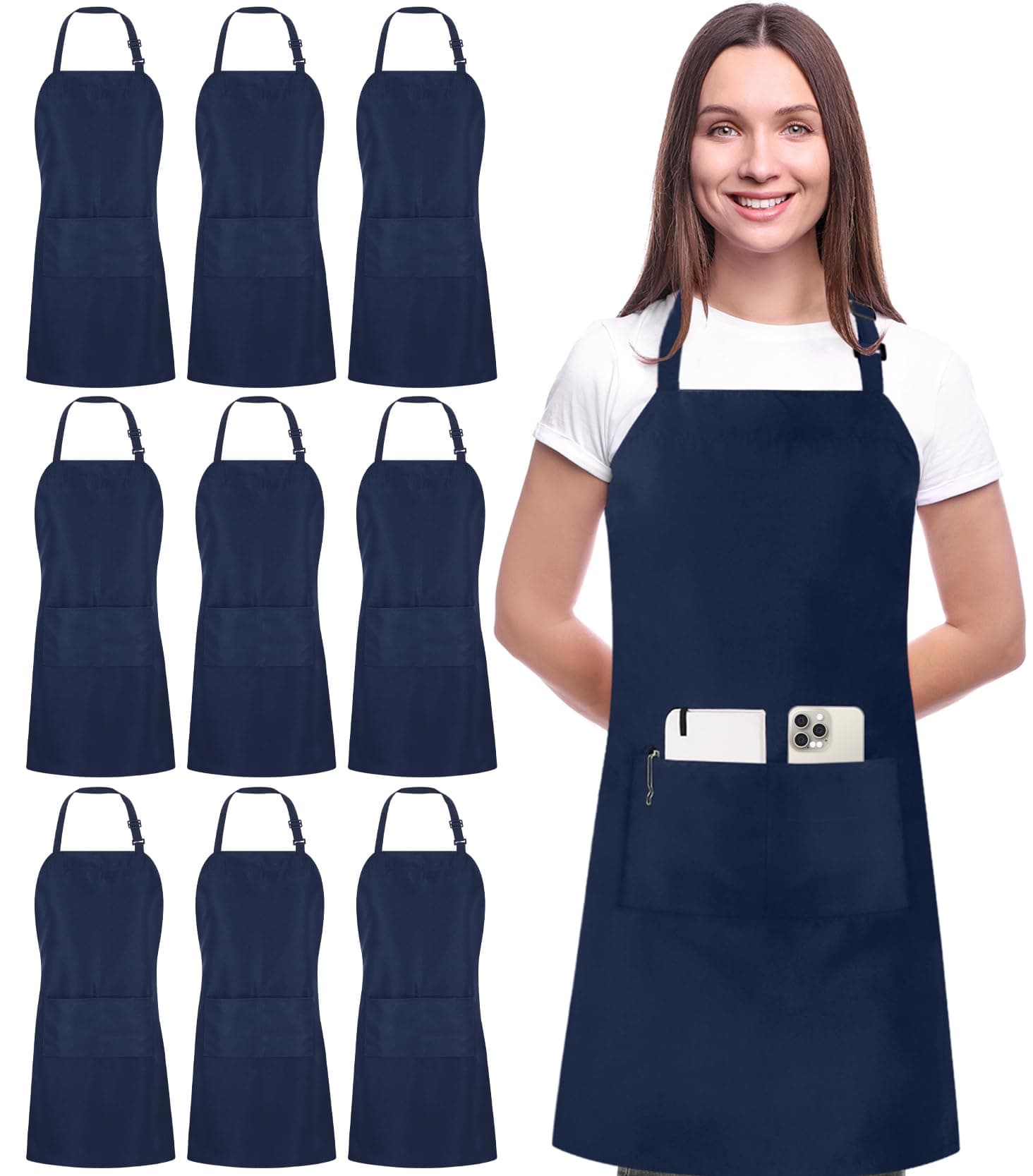 Utopia Kitchen 10 Pack Bib Apron Adjustable with 2 Pockets, Water and Oil Resistant, Cooking Kitchen Chef Apron for Women Men