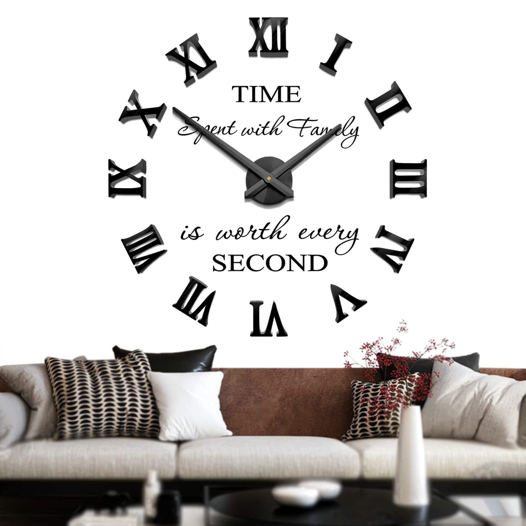 Mute DIY Frameless Large Wall Clock Roman Numerals 3D Mirror Sticker Home Office Decorations (Black)