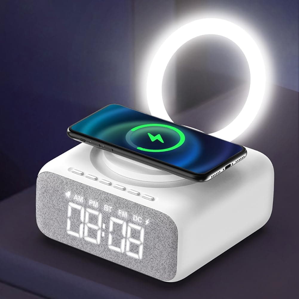 Alarm Clock Radio, Bedside Alarm Clock with Bluetooth Speaker, Dimmable LED Display Super Fast Wireless Charger Station, USB Charging Port FM Radio Alarm Clock with Night Light and Stand