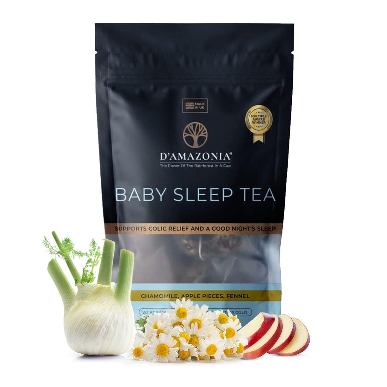 D'Amazonia Baby Sleep Tea | Chamomile, Apple Pieces, Fennel| Pack of 20 Pyramid Tea Bags | Made in The UK (Award Winning Range)