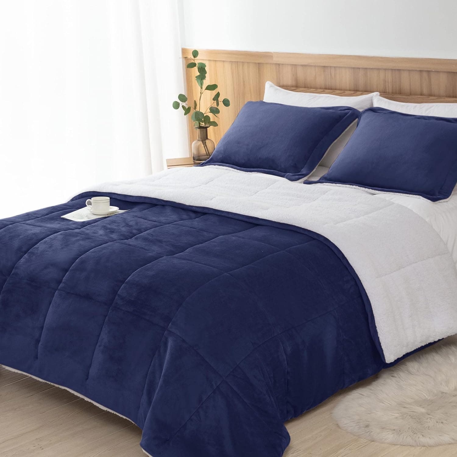 Navy Blue Sherpa Comforter Set Twin XL Size, Soft Fall Winter All Season Down Alternative College Dorm Bedding Comforter Sets 2 Piece (1 Comforter and 1 Pillow Sham)