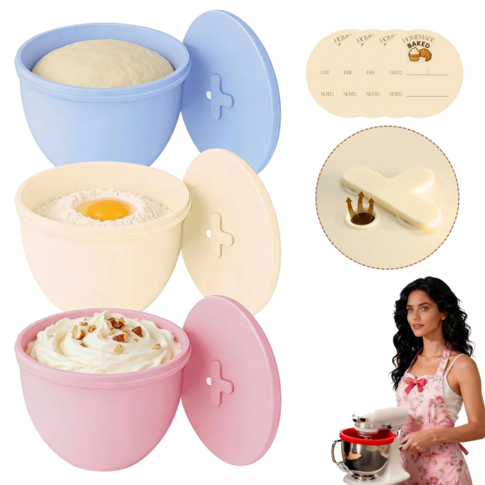 3 Pack Multicolor Silicone Liners with Lids for KitchenAid Tilt-Head 7 Qt Mixers, Kitchen Helper Silicone Liners for Baking and Cooking, Mixer Parts & Accessories, Not for Bowl-Lift Models