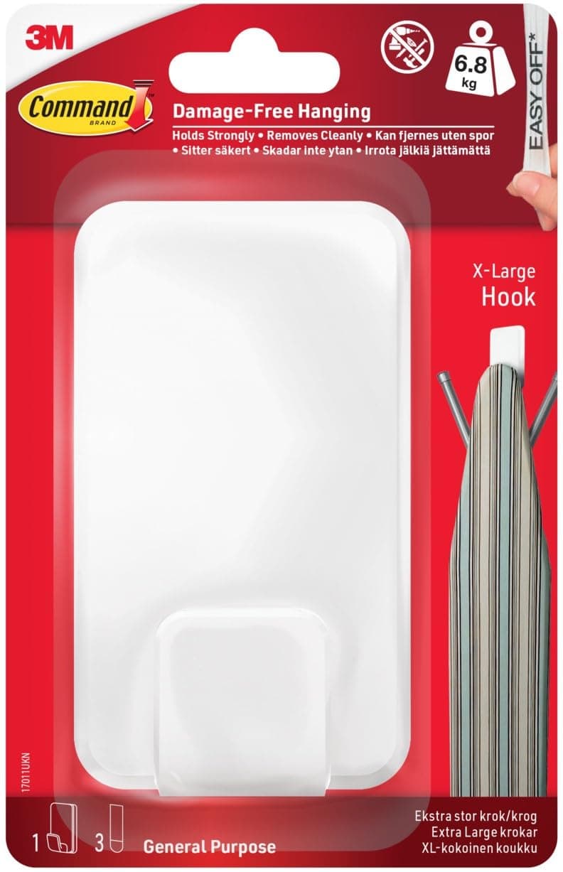 Command Utility Hook, X-Large for Heavyweight - 1 Hook in White and 3 Adhesive Strips for Indoor and Other Items up to 6.8 kg - No Nails, No Holes, No Drilling