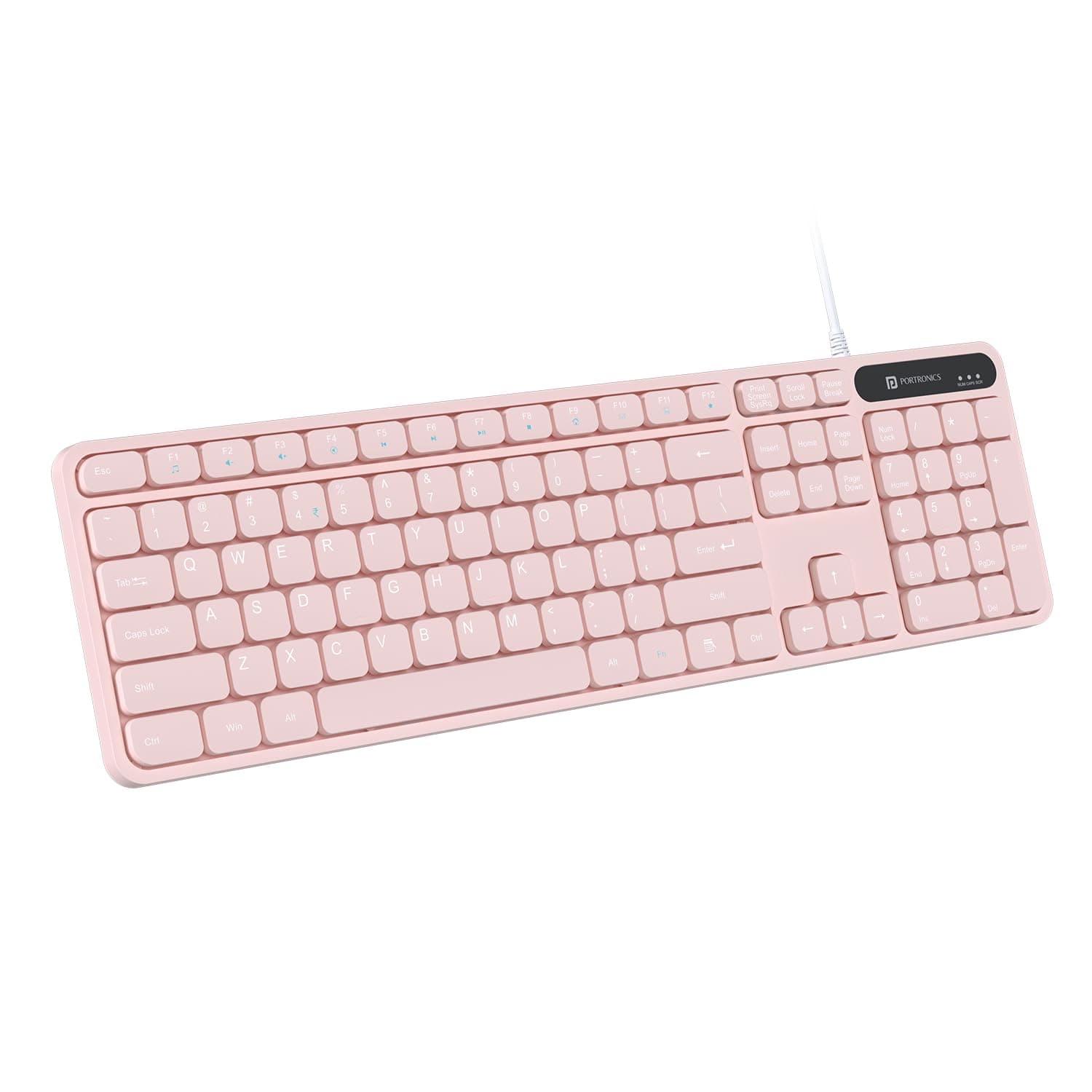 Portronics Ki-Pad 3 USB Wired Keyboard with Large Keycaps, Noise-Free Typing, Fn Multimedia Hotkeys, Full-Size Layout with Num Pad, Ergonomic Design, 1.5m USB Cable, for Laptop, PC, Mac (Pink)