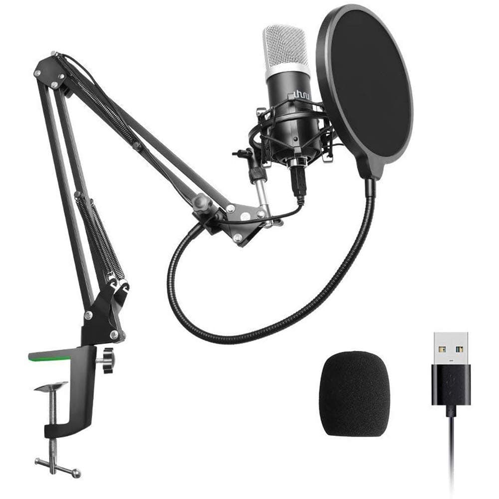 USB Microphone, Professional podcast microphone sets with microphone stands, shock mounts, windshield, pop filter, for broadcasting, recording, podcasts Uvm,Black