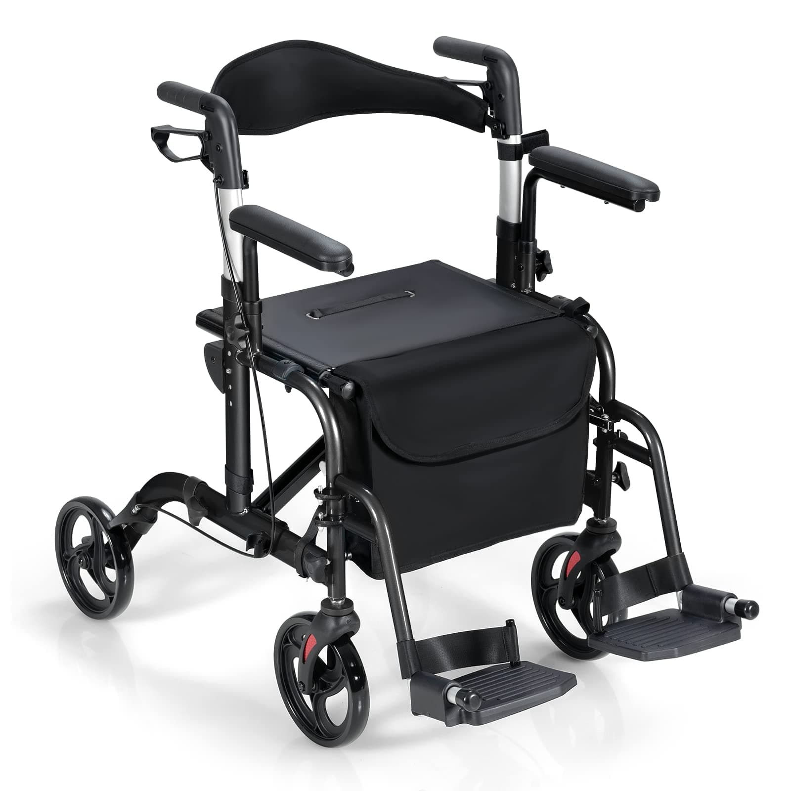 GYMAX 2-in-1 Walking Aid, Folding Rollator Walker with 4 Wheels & Storage Bag, Lightweight Foldable Rolling Frame for Elderly and Disabled (Black)