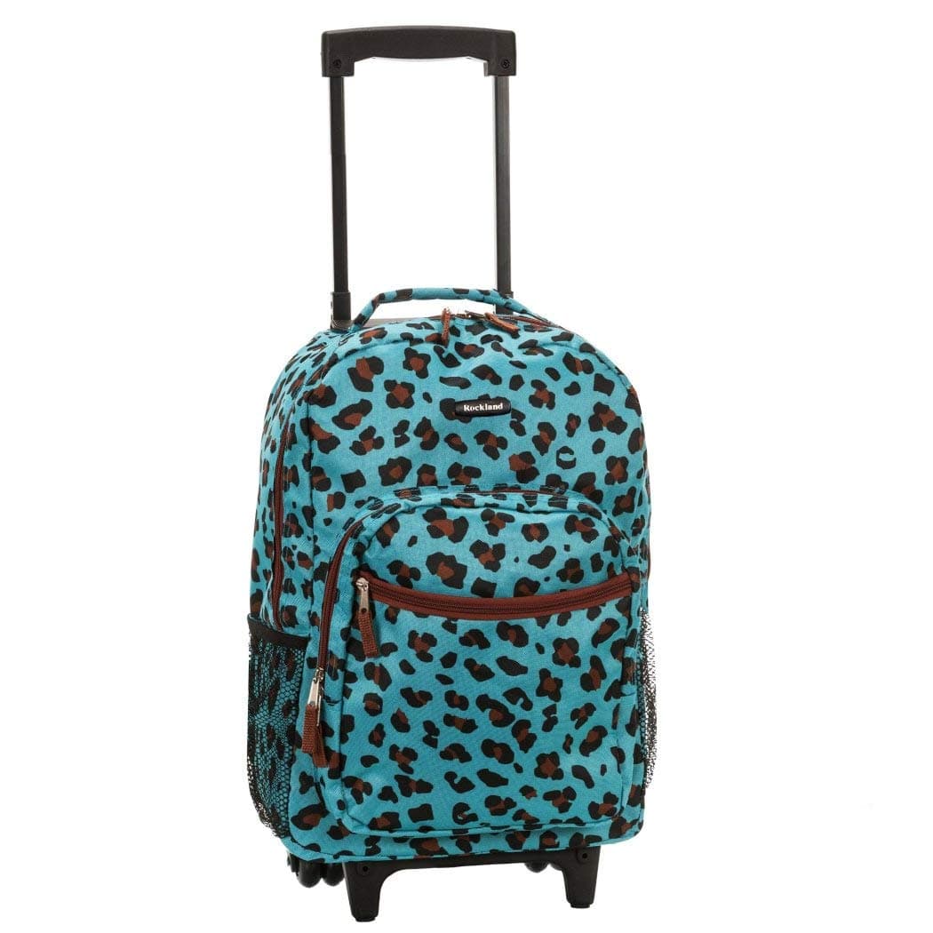 Kids Blue Leopard Pattern Rolling Backpack, Kids School Bag, Duffel Wheels, Wheeling Luggage, Exotic Jungle Zoo Safari Suitcase, Lightweight Fashionable, African Themed Duffel