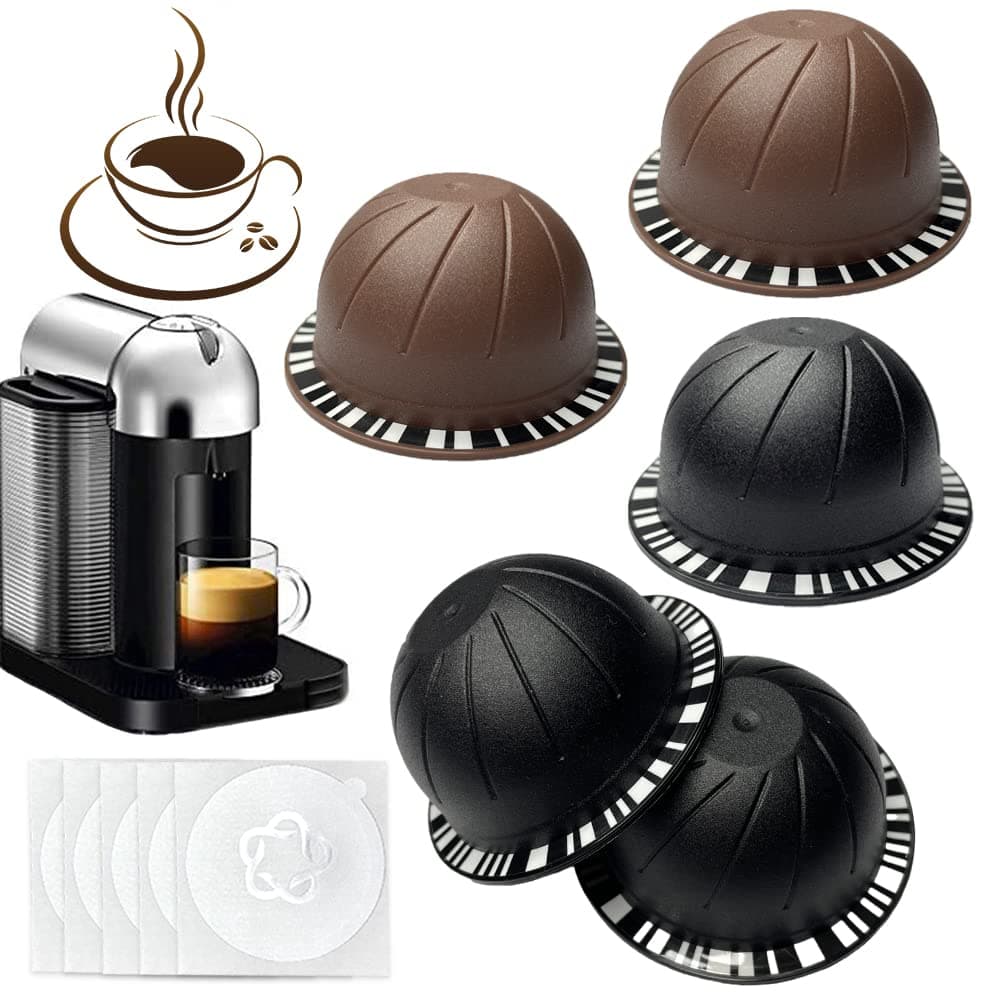 5pcs Reusable Vertuo Pods Refillable Coffee Capsules Vertuo Capsule for VertuoLine Refill Vertuoline Pod Compatible with Nespresso Vertuo 150/230 ml with 5pcs Aluminum Foil Lids