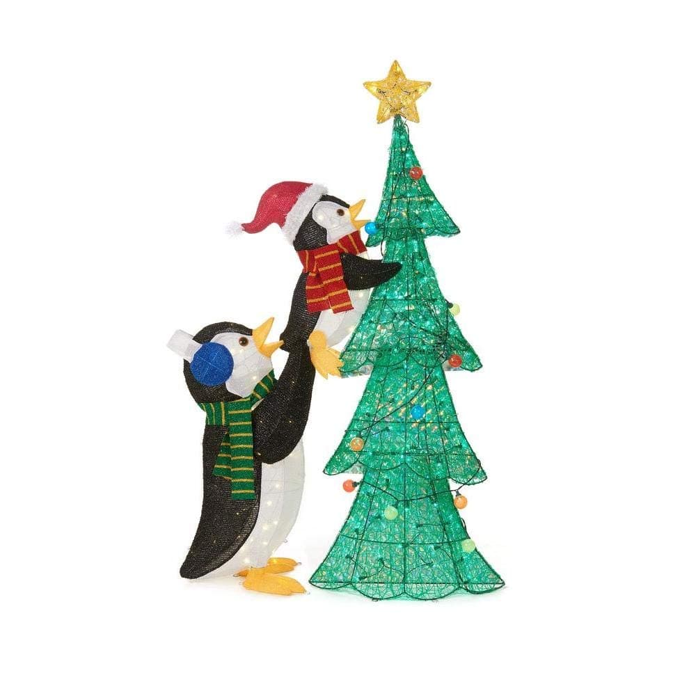 62 in. LED Lighted Tinsel Penguins with Tree
