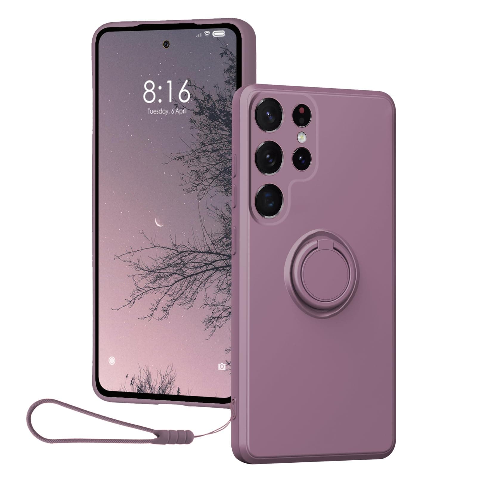 CAIOUS Case for Samsung Galaxy S24 Ultra（2024 Released）, Silicone Case with Ring 360°rotatable Kickstand Support Magnetic Car Mount，Protective Cover with Strap Lanyard (Purple)