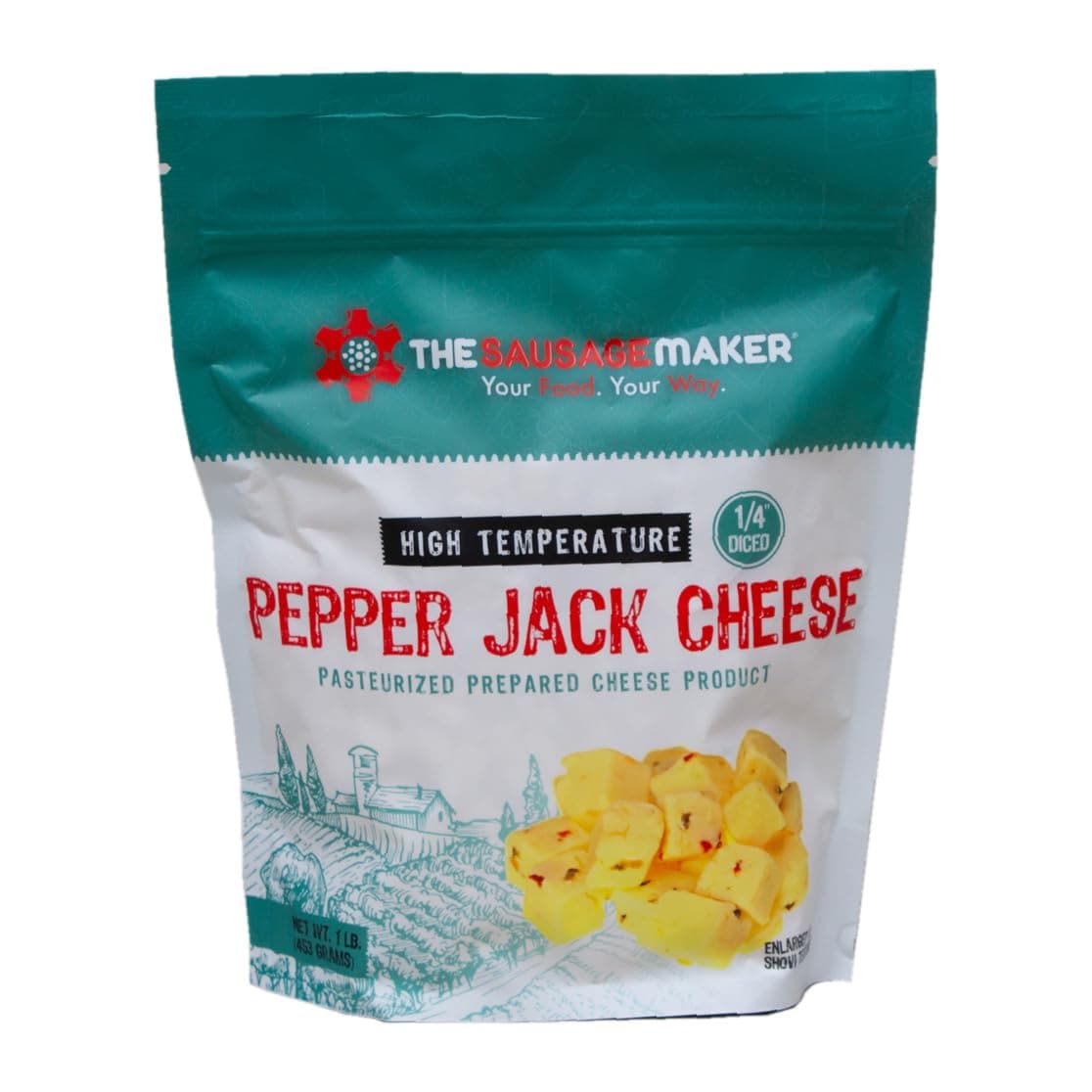 - High Temp Pepper Jack Cheese 1 lb for Sausage Making, 1/4 inch Diced Cube, 400° Temperature High Heat Cheese for Grilling, Salami, Snack Sticks, Summer Sausage - 1 Pound (Pack of 1)