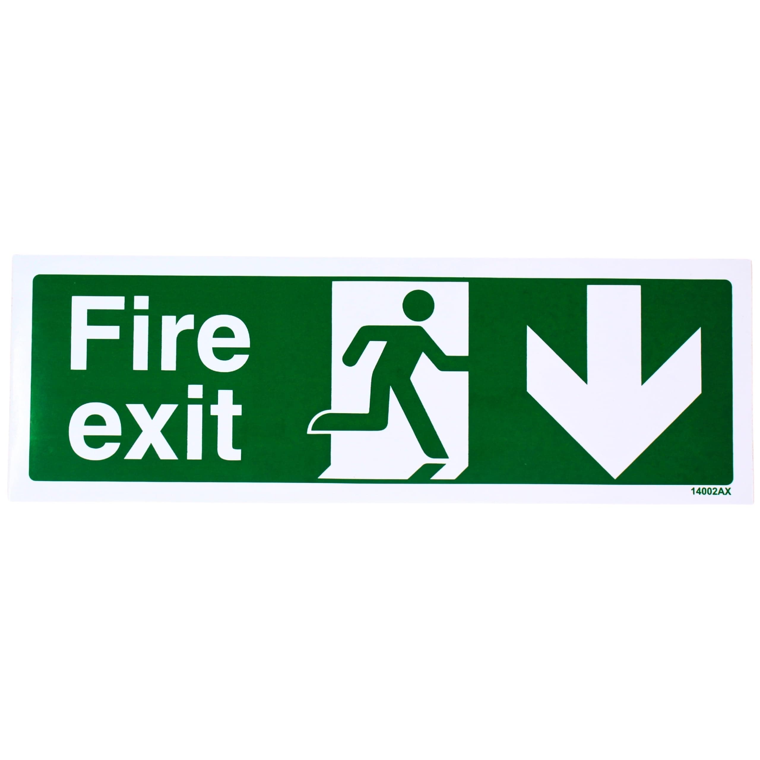 V Safety Fire Exit Arrow Down Sign – Self-Adhesive Vinyl Safety Sign, Landscape 300 × 100 mm – Green Emergency Exit Signage for Doors, Corridors & Stairwells – EN ISO 7010 Compliant