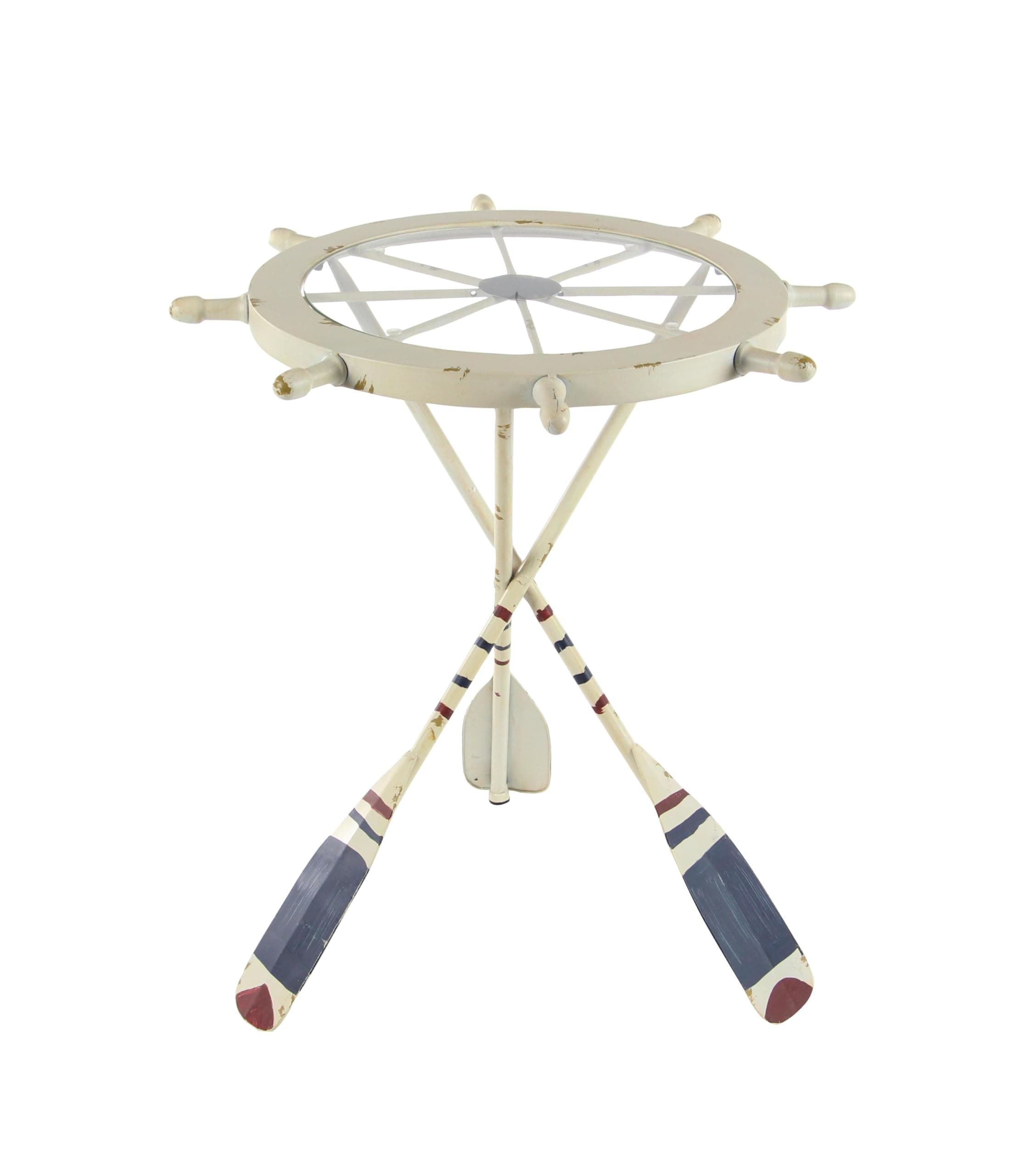 Metal Ship Wheel Side End Accent Table Ship Wheel Top End Table with Oar Shaped Legs, Side Table 23" x 23" x 24", White