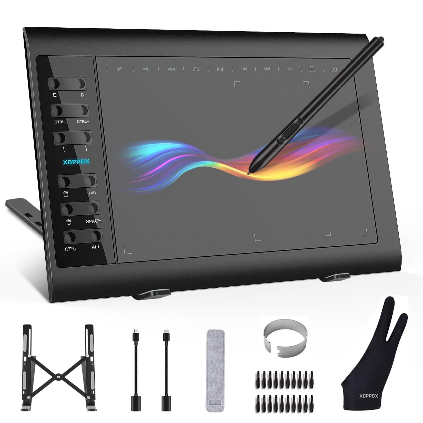 XOPPOX Graphics Drawing Tablet 10 x 6 Inch Large Active Area Digital Graphic Tablet 8192 Levels Battery-Free Stylus with 12 Shortcut Keys & Multifunctional Adjustable Stand